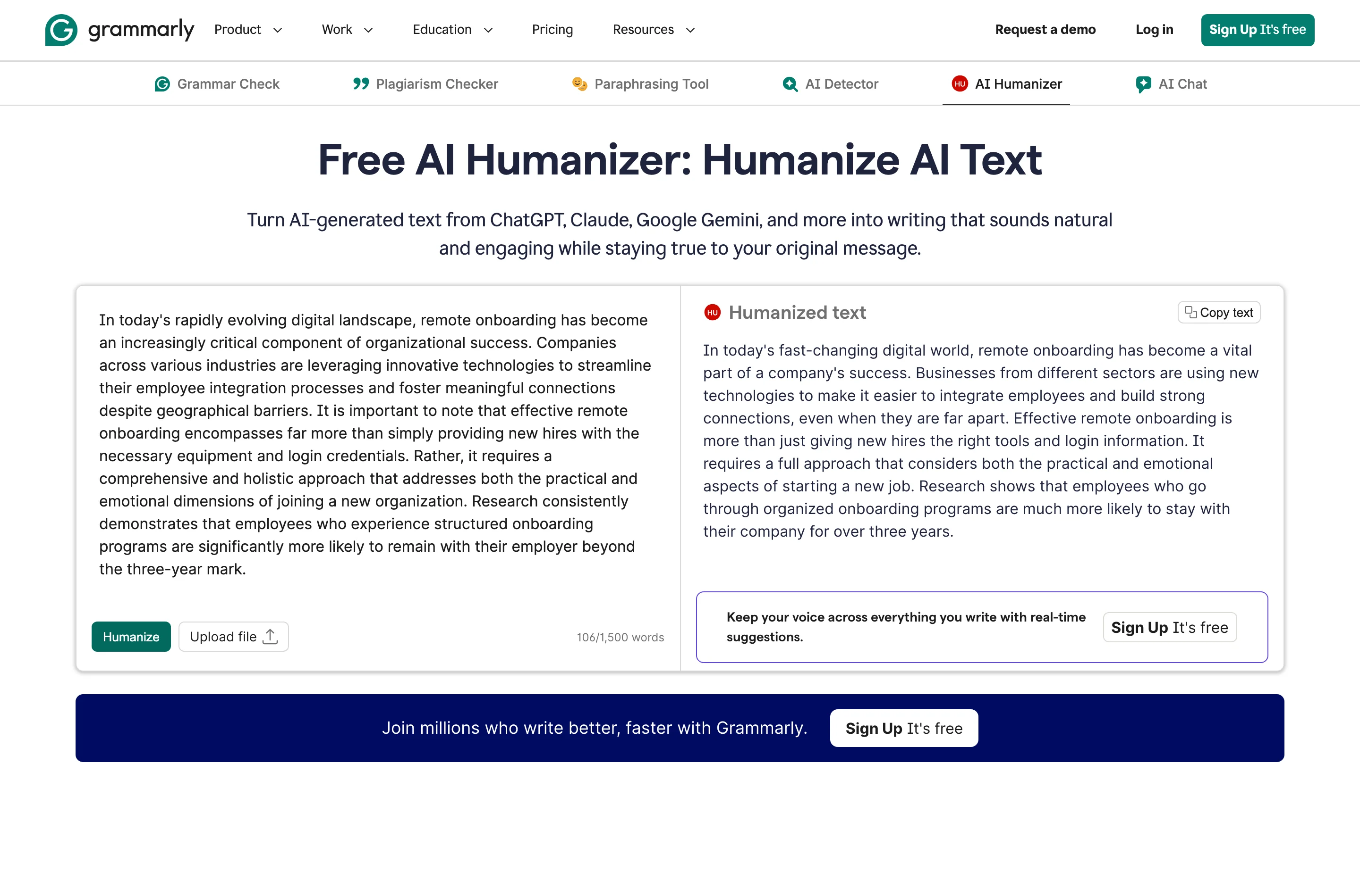 Grammarly's free AI Humanizer with the 106-word test excerpt on the left and its rewritten version on the right, with a counter reading 106 of 1,500 words and no login required.