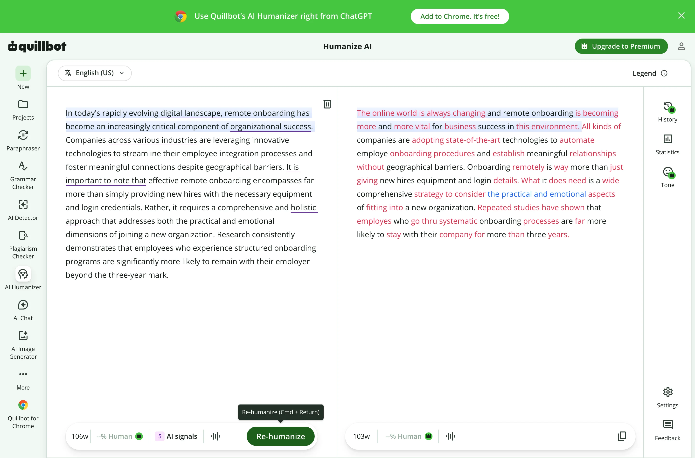 QuillBot's AI Humanizer showing the 106-word test excerpt rewritten to 103 words, with changes marked in red, a 5 AI signals counter, and the Human score greyed out as a Premium feature.