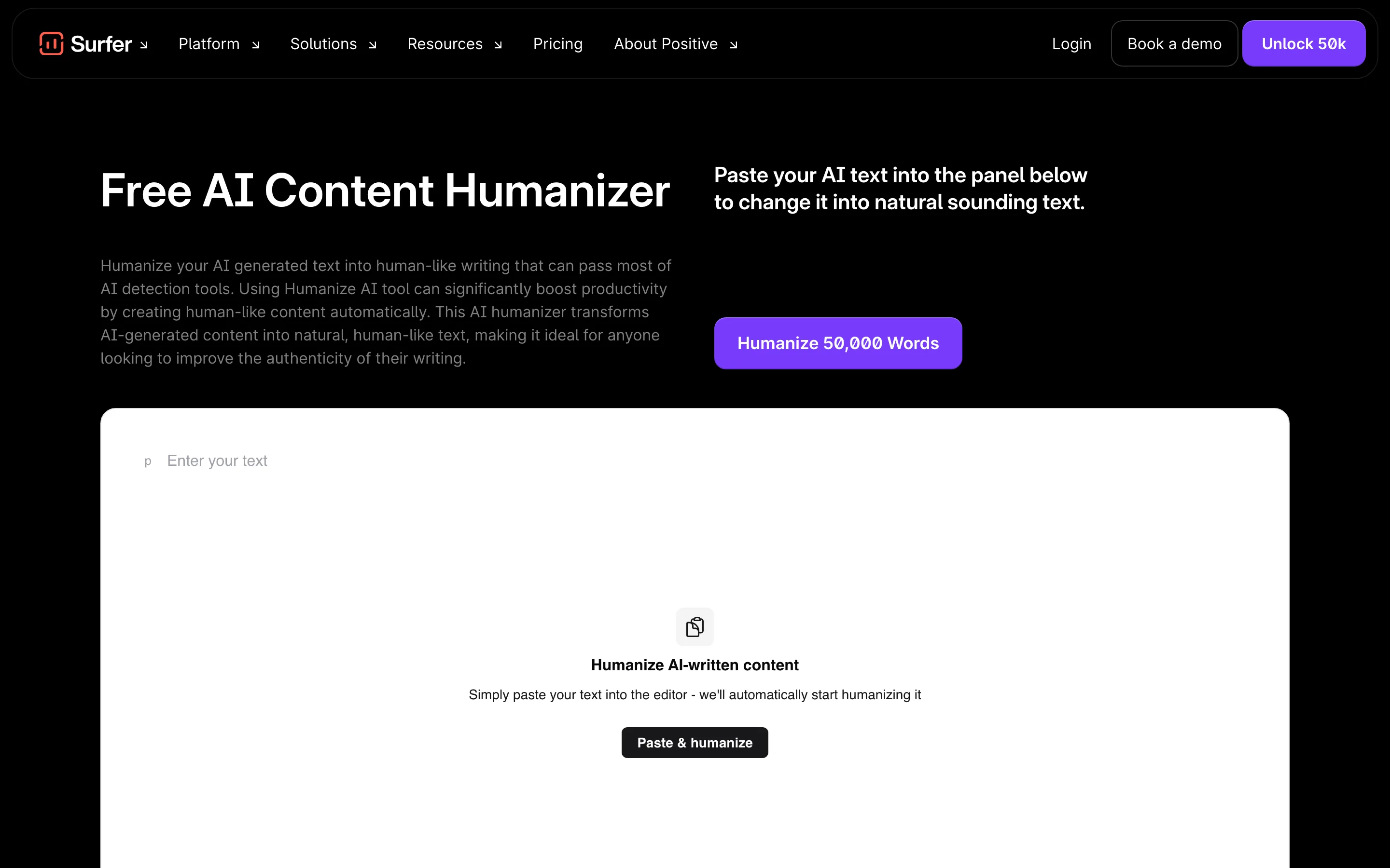 Surfer's free AI humanizer page, which allows 500 words for non-registered users and 1,000 words for registered users without a plan.