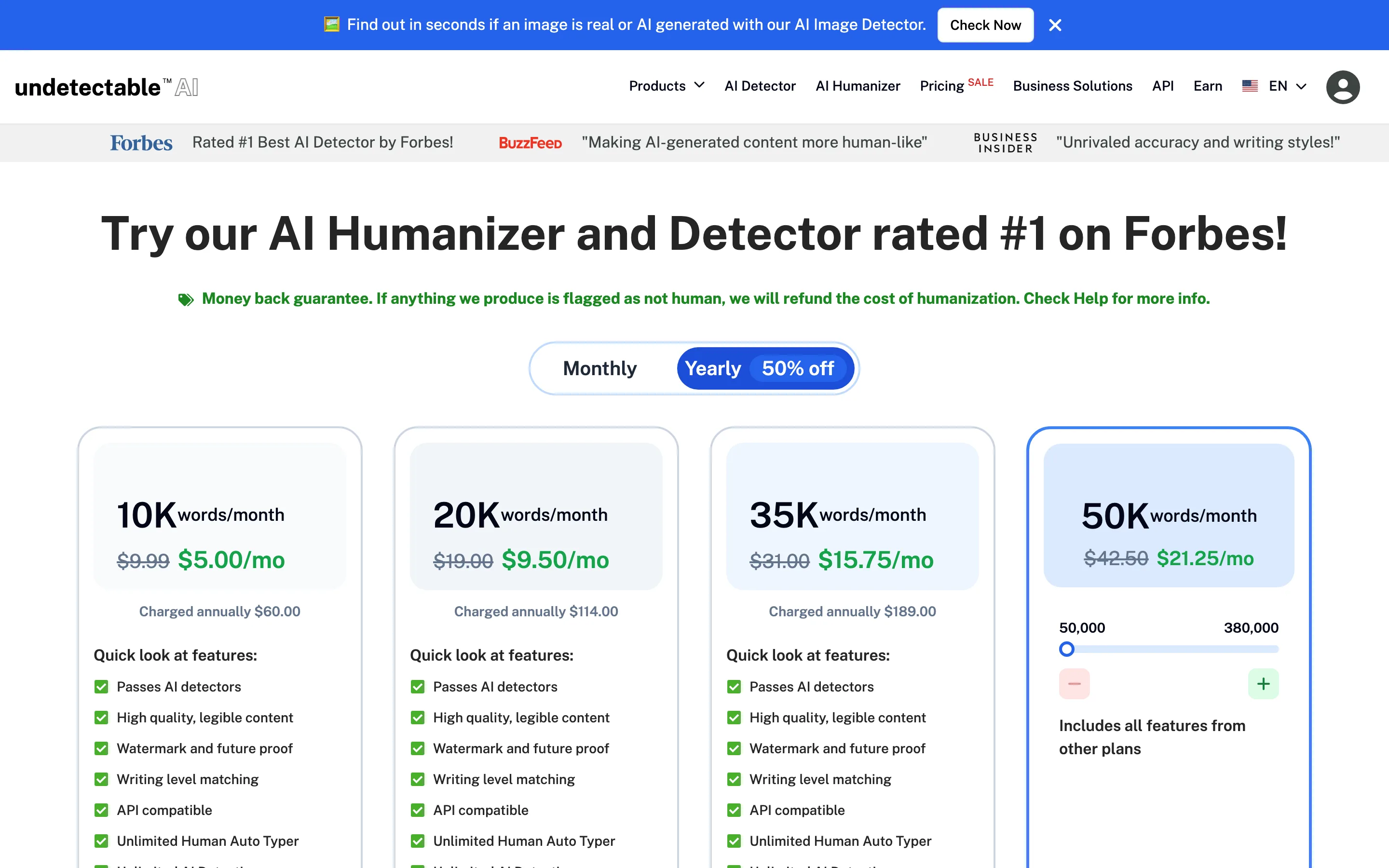 Undetectable AI's pricing page showing tiers from 10,000 words a month at $9.99 monthly or $5.00 monthly billed annually, up to 50,000 words a month.