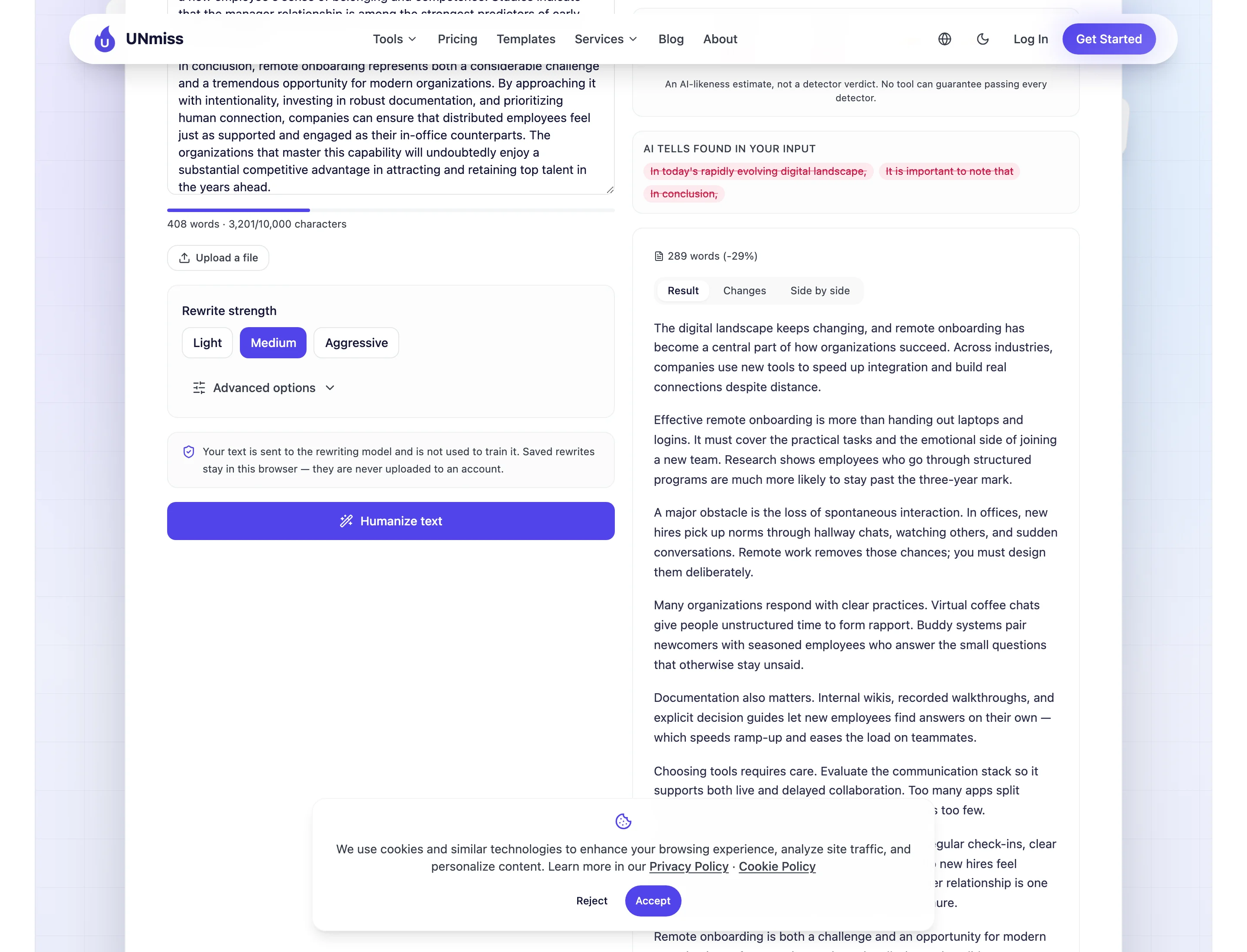 The UNmiss AI Humanizer with the 408-word test draft on the left and the rewritten version on the right, showing Result, Changes and Side by side tabs and a word count of 289 words, down 29 percent.