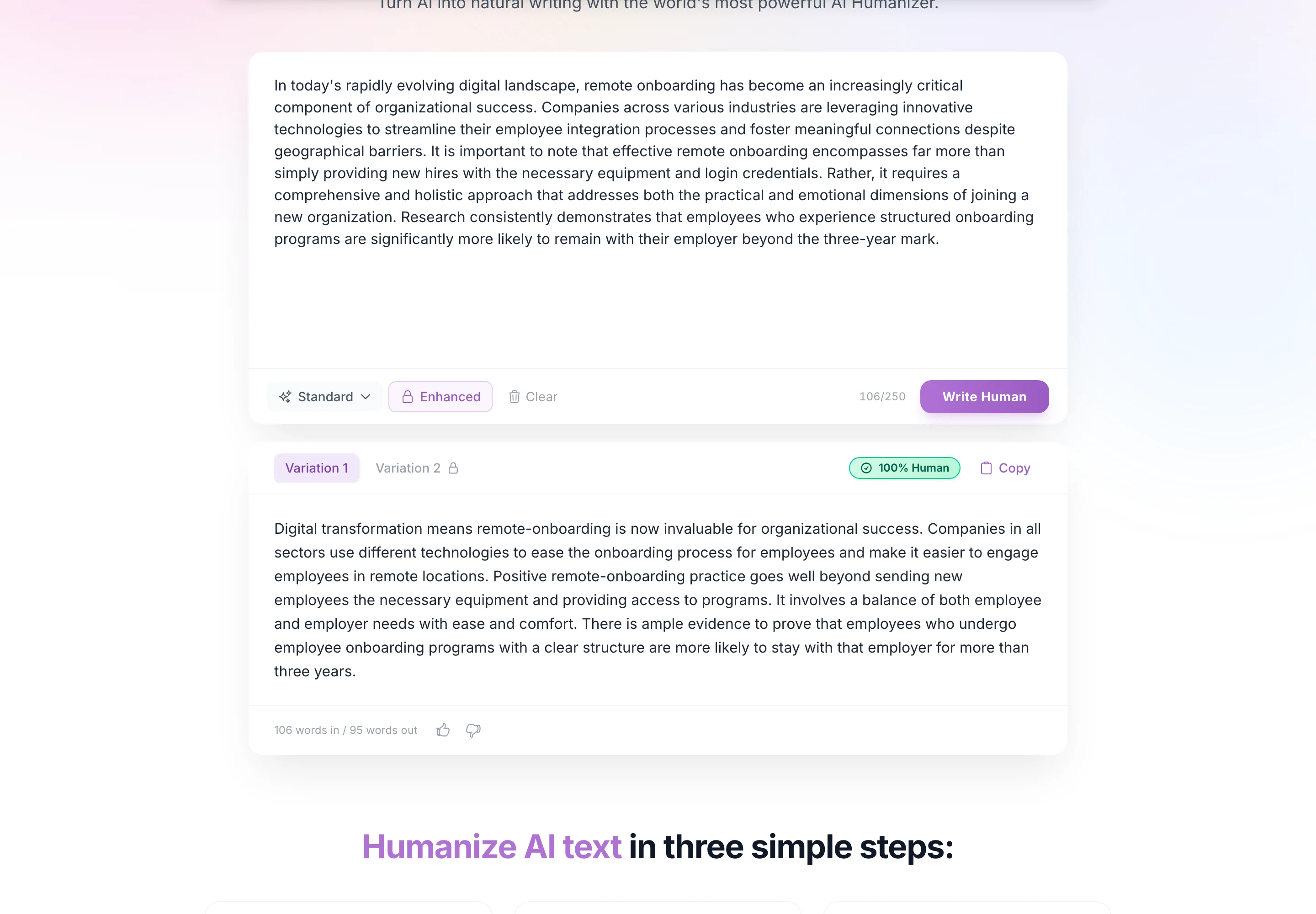 WriteHuman rewriting the 106-word test excerpt, showing a green 100% Human badge, Variation 2 locked behind a padlock, an Enhanced mode padlock, and a counter reading 106 words in, 95 words out.