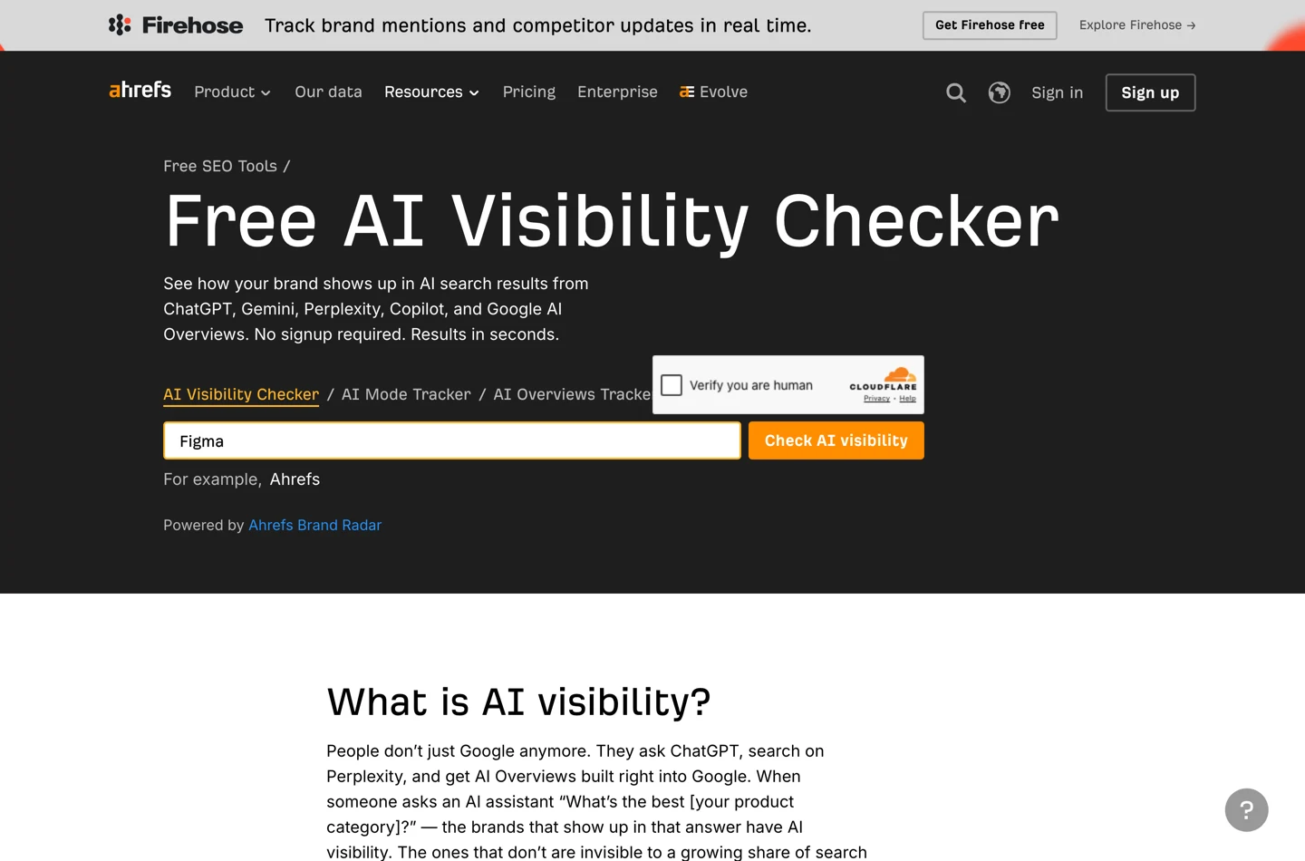 The Ahrefs AI Visibility Checker with Figma typed into the brand field and a Cloudflare Verify you are human checkbox displayed over the area beside the Check AI visibility button.
