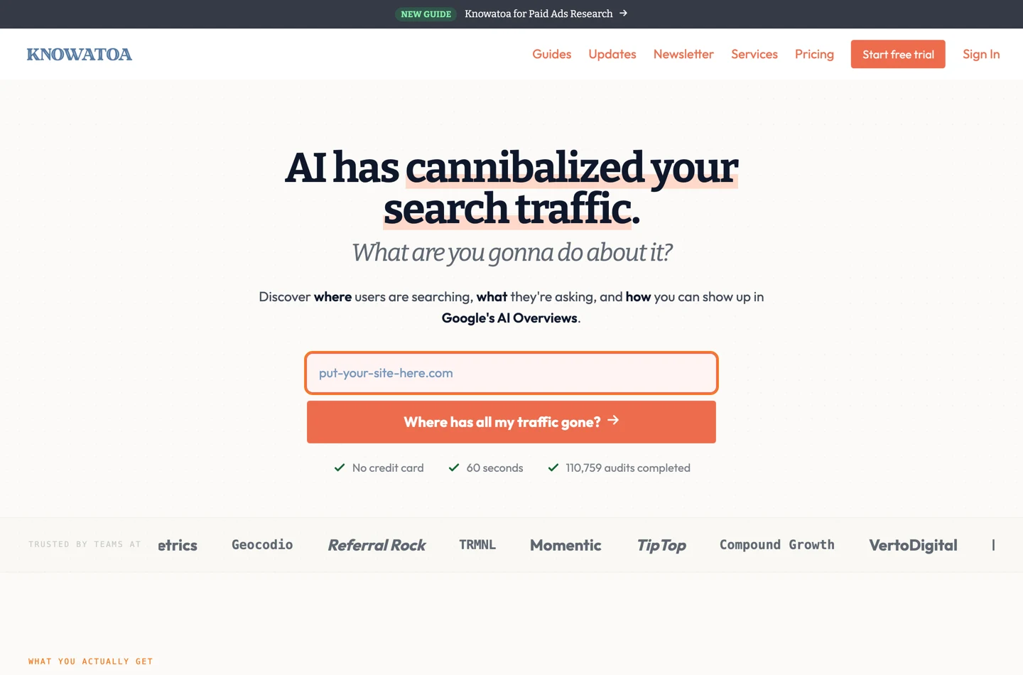 The Knowatoa home page, headed Where has all my traffic gone, with a single domain field prefilled with the placeholder put-your-site-here.com.