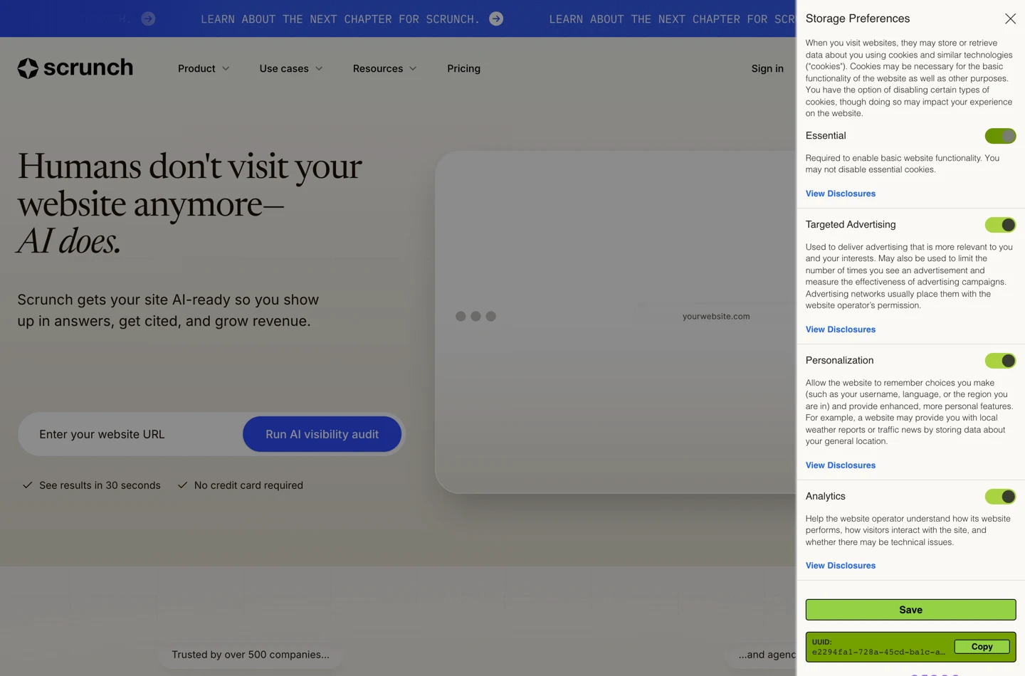 The Scrunch AI home page with an Enter your website URL field and a Run AI visibility audit button, alongside product sections for prompt monitoring, citations and insights.
