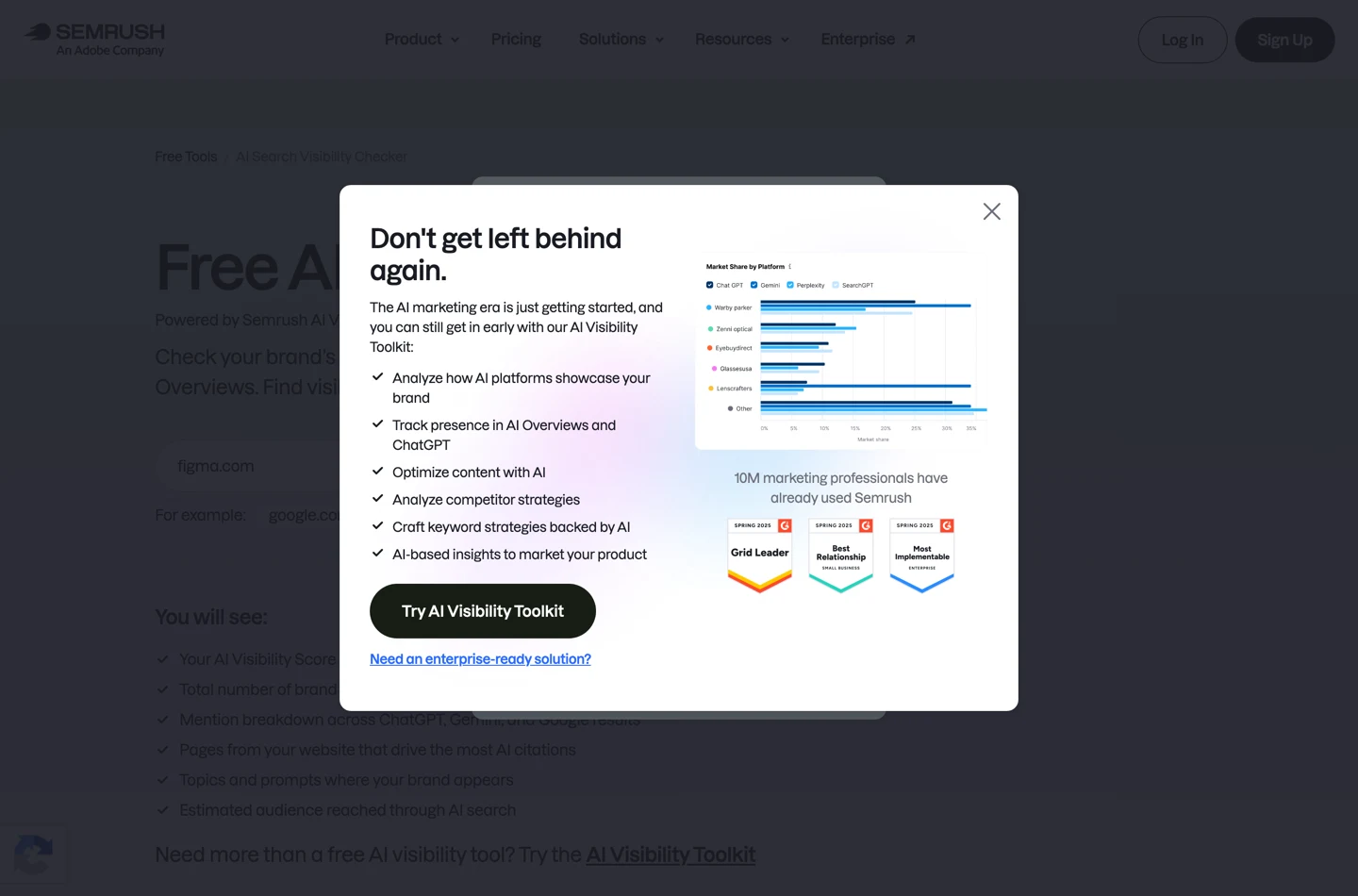 The Semrush AI Search Visibility Checker with figma.com in the field and a modal covering the page reading You've reached the daily limit for this free tool, Register for a free account to get more access and more data, above a Get Your Free Account button.