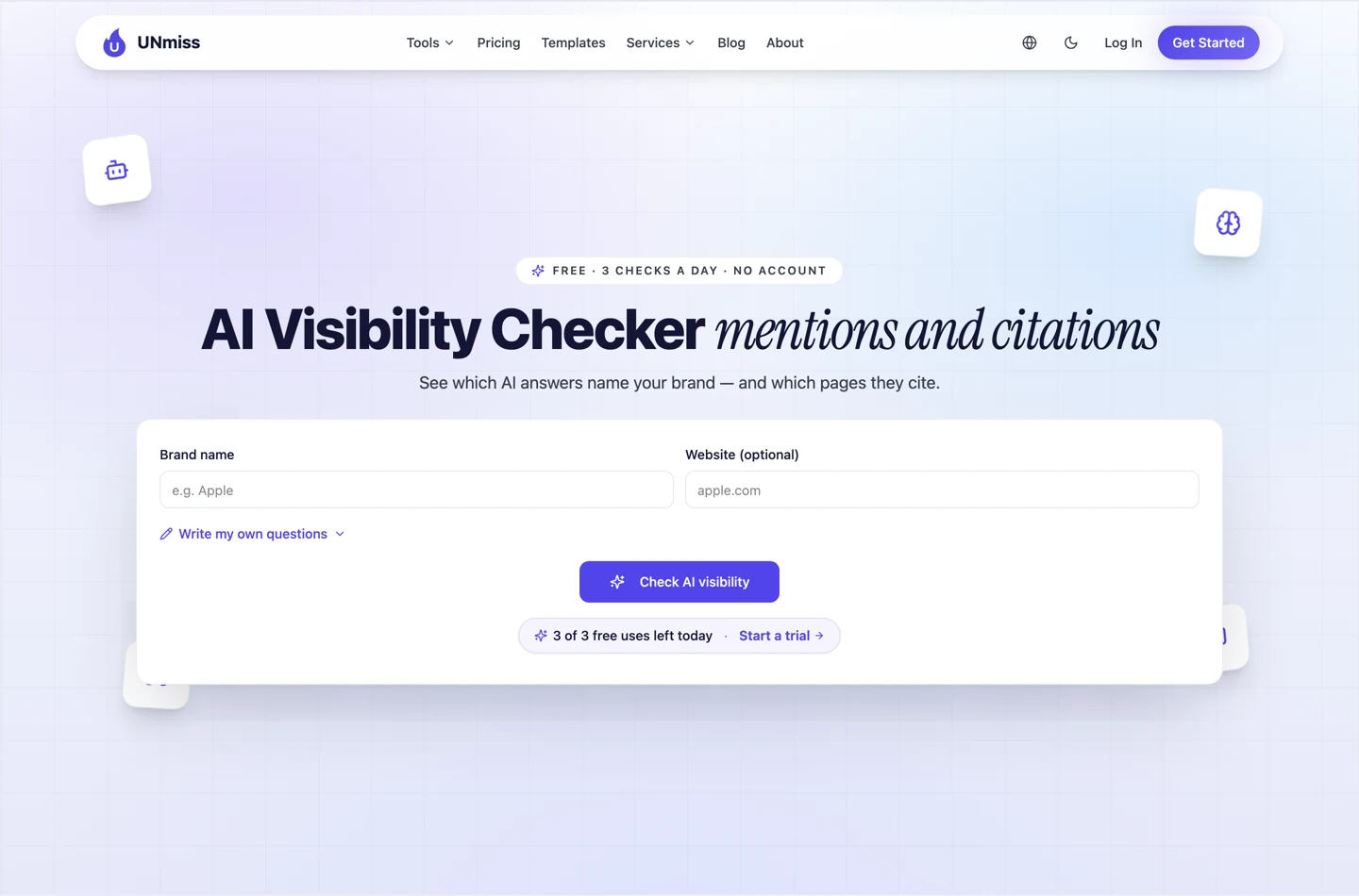 The UNmiss AI Visibility Checker as a signed-out visitor sees it: a Brand name field, an optional Website field, a Write my own questions link, and a Check AI visibility button, under a badge reading Free, 3 checks a day, no account.