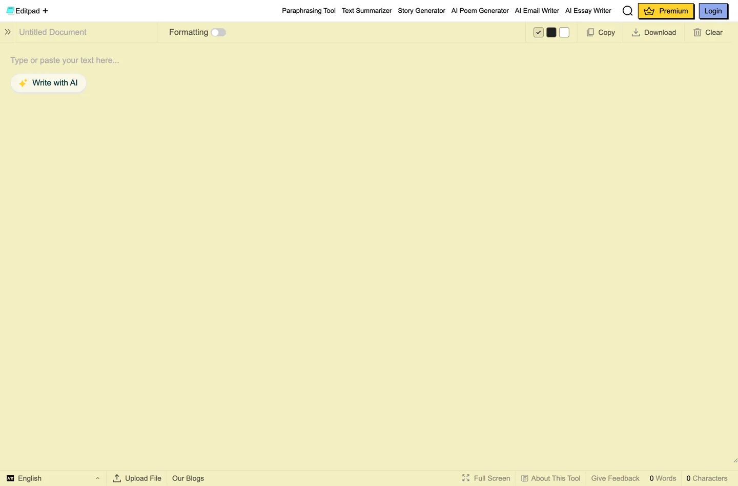 The Editpad home page, an online notepad with a large empty text area.