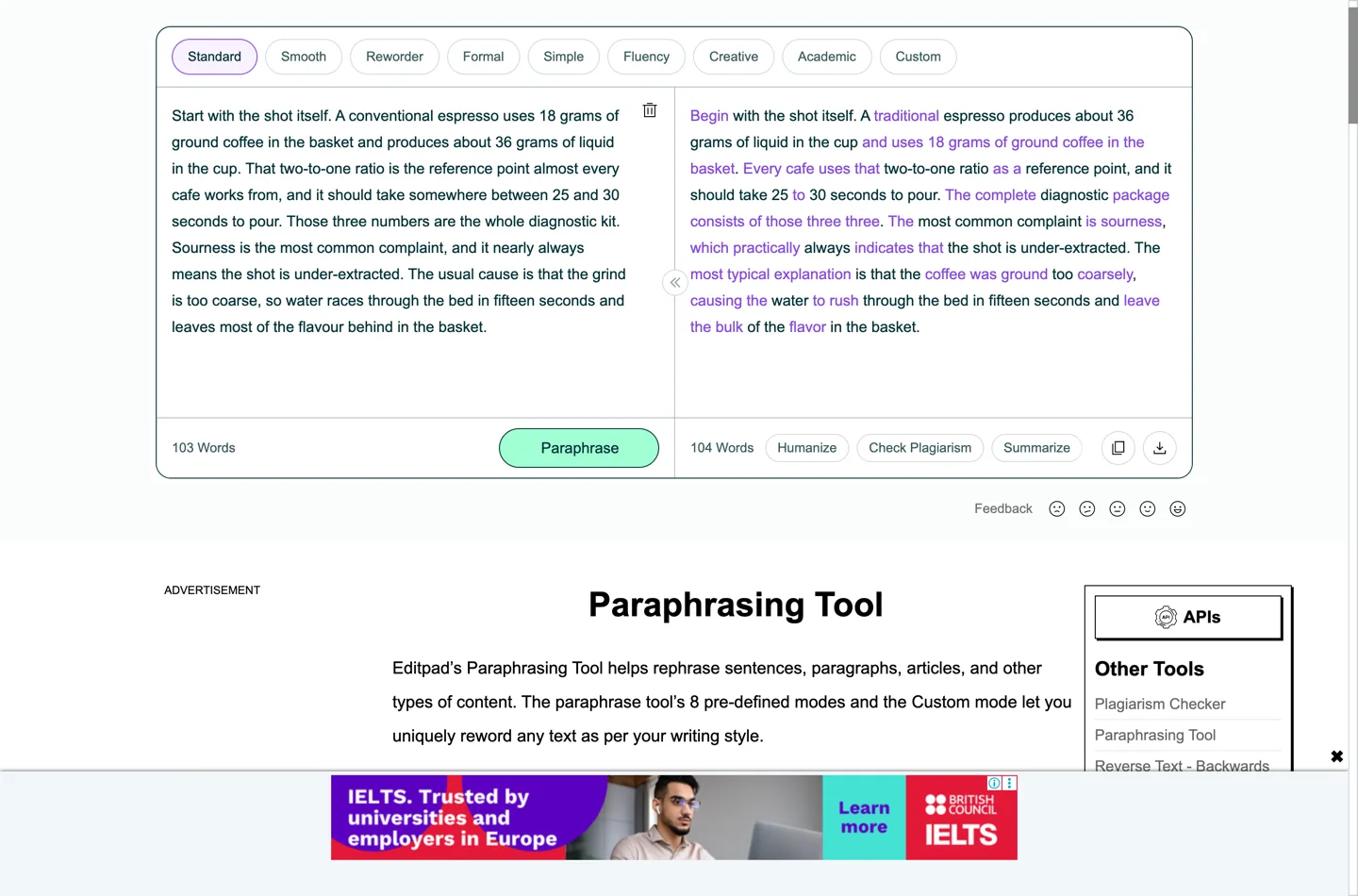 Editpad's Paraphrasing Tool after running the test passage. The 103-word input is on the left and a 104-word rewrite on the right with the changed words highlighted in colour, beginning: Begin with the shot itself. A traditional espresso produces about 36 grams of liquid in the cup and uses 18 grams of ground coffee in the basket.