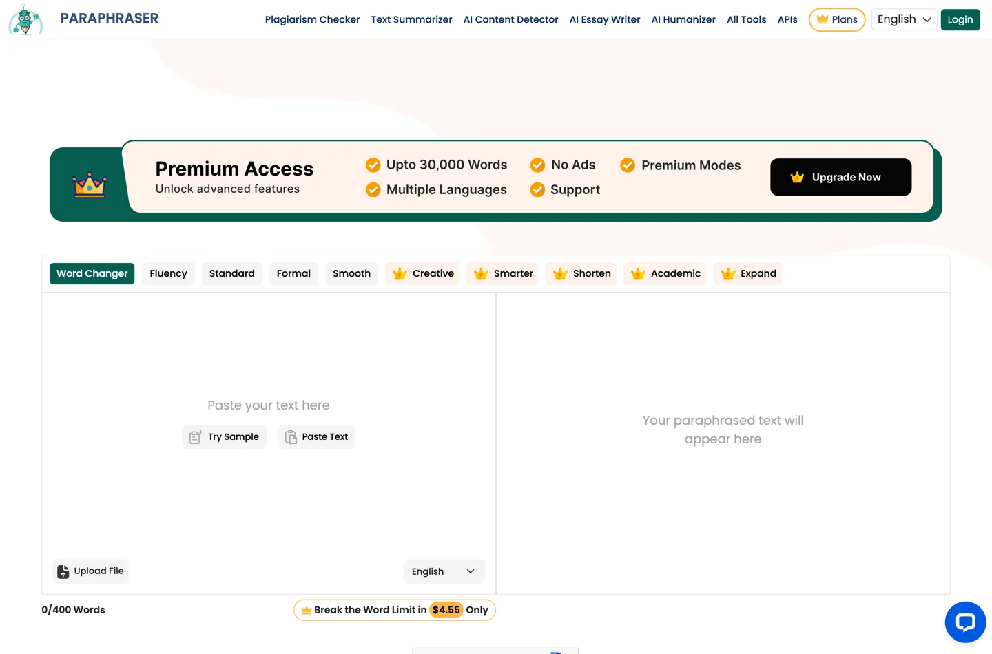 The Paraphraser.io home page with its paraphrasing editor and mode tabs.