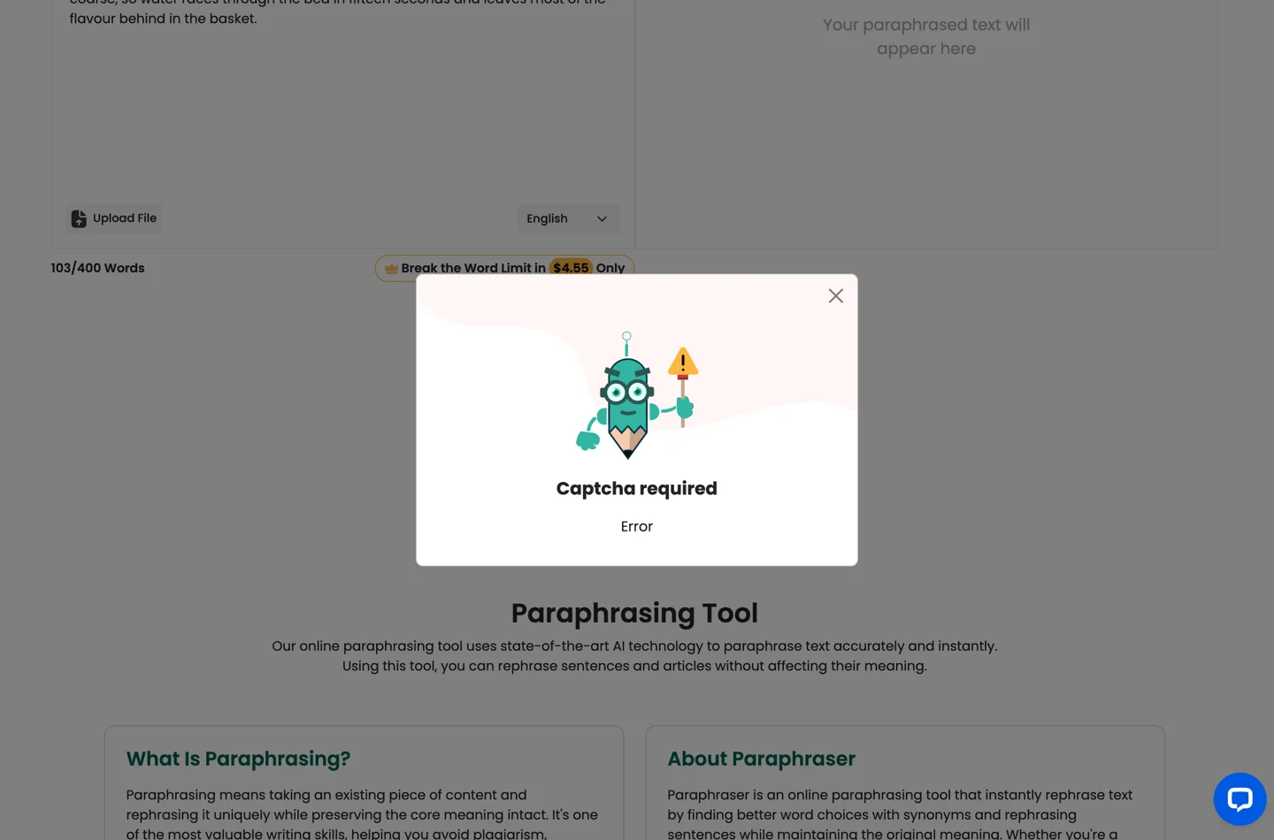 Paraphraser.io with the test passage entered under a 103 of 400 Words counter, showing a modal that reads Captcha required with the subtitle Error.