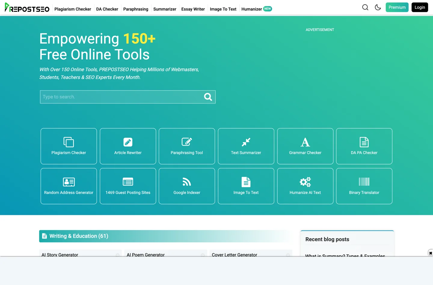The Prepostseo home page, a directory of free SEO tools.
