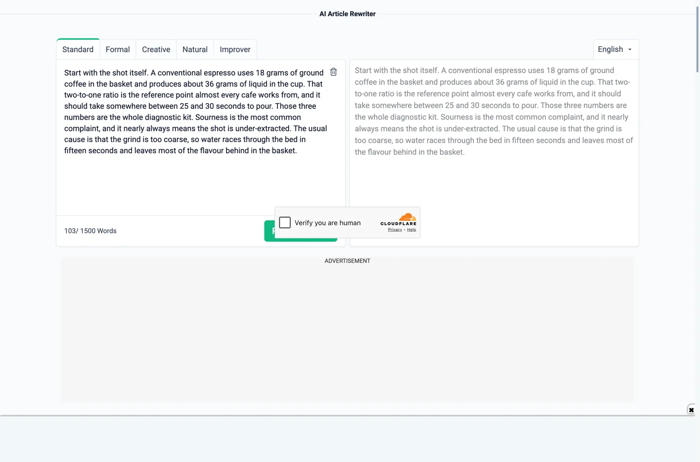 Prepostseo's AI Article Rewriter after pressing Rewrite Article. The 103-word input is on the left under a 103 of 1500 Words counter, the output pane on the right contains the identical text, and a Cloudflare widget reading Verify you are human covers the run button.
