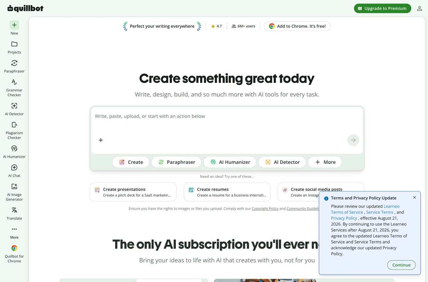 The QuillBot home page, with Paraphraser, Grammar Checker, AI Detector, AI Humanizer and other tools listed down the left sidebar.