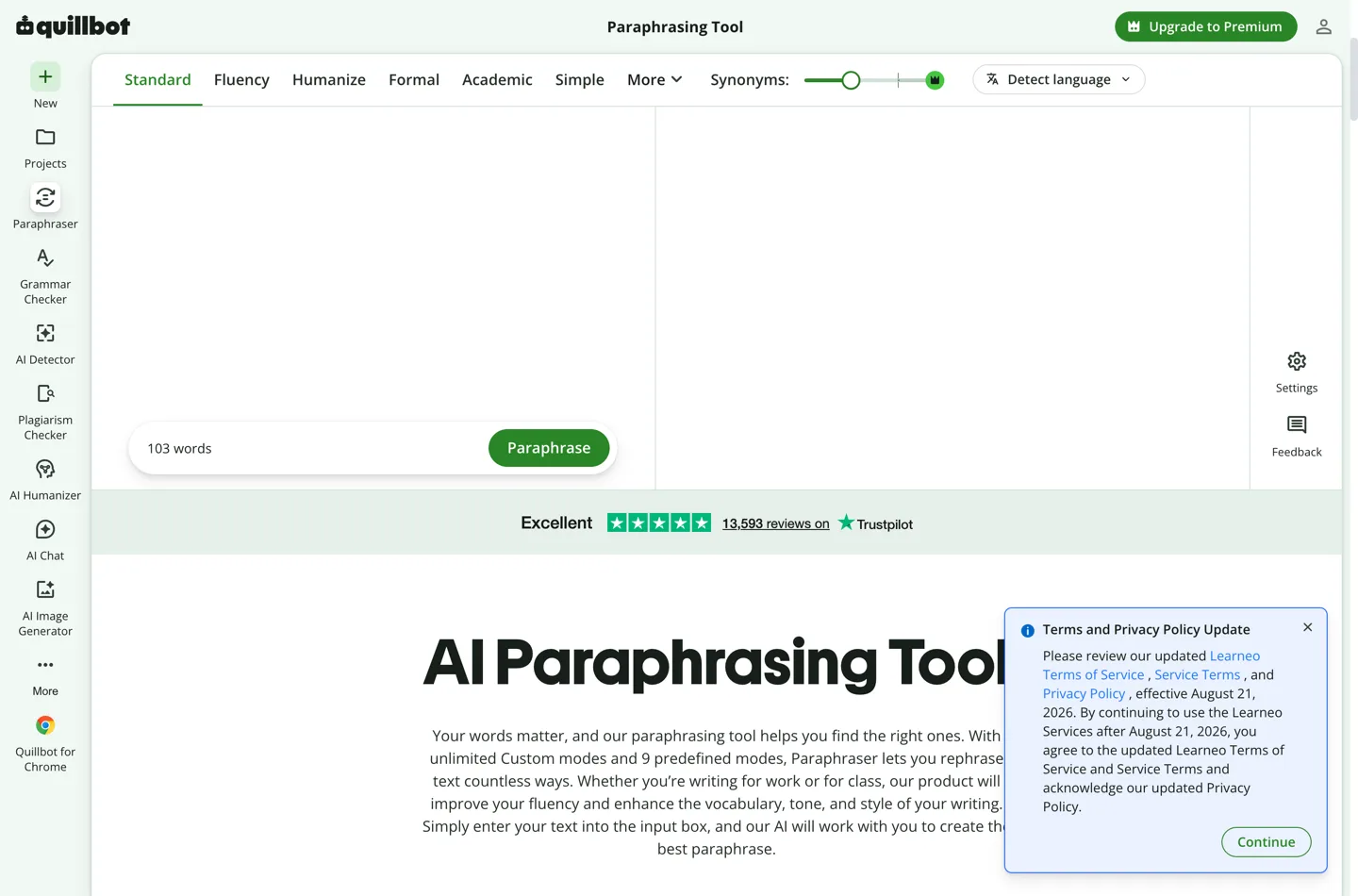 QuillBot's Paraphraser with the 103-word test passage in the left-hand editor and the Standard mode tab selected. The output pane on the right is empty.