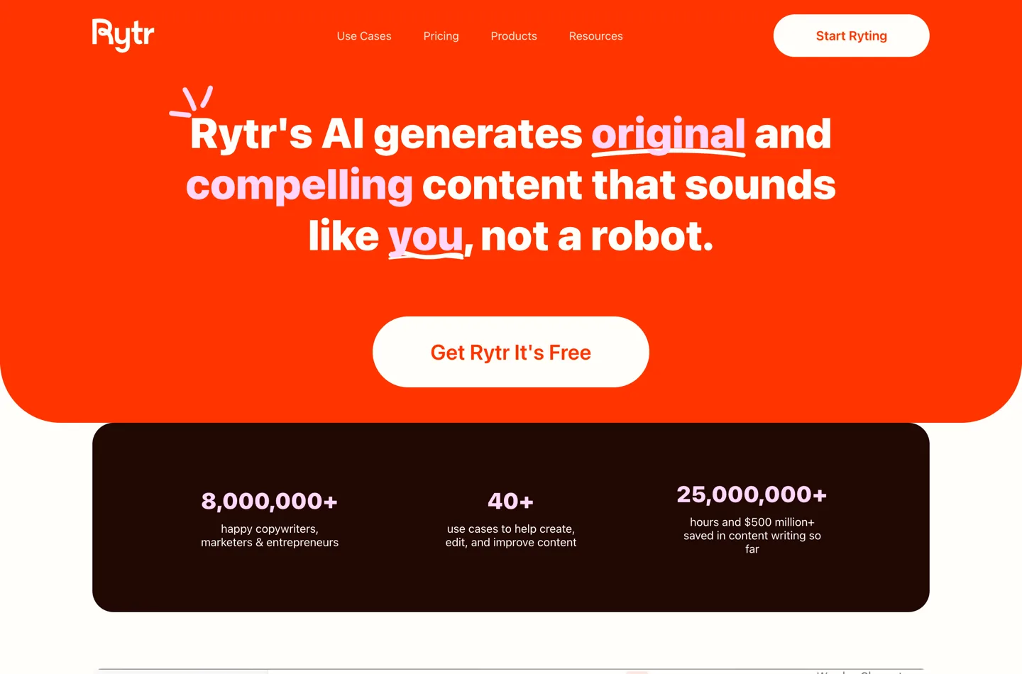 The Rytr site as a signed-out visitor after attempting to reach the tool: a marketing headline, a Get Rytr It's Free button and usage statistics, with no editor anywhere on the page.