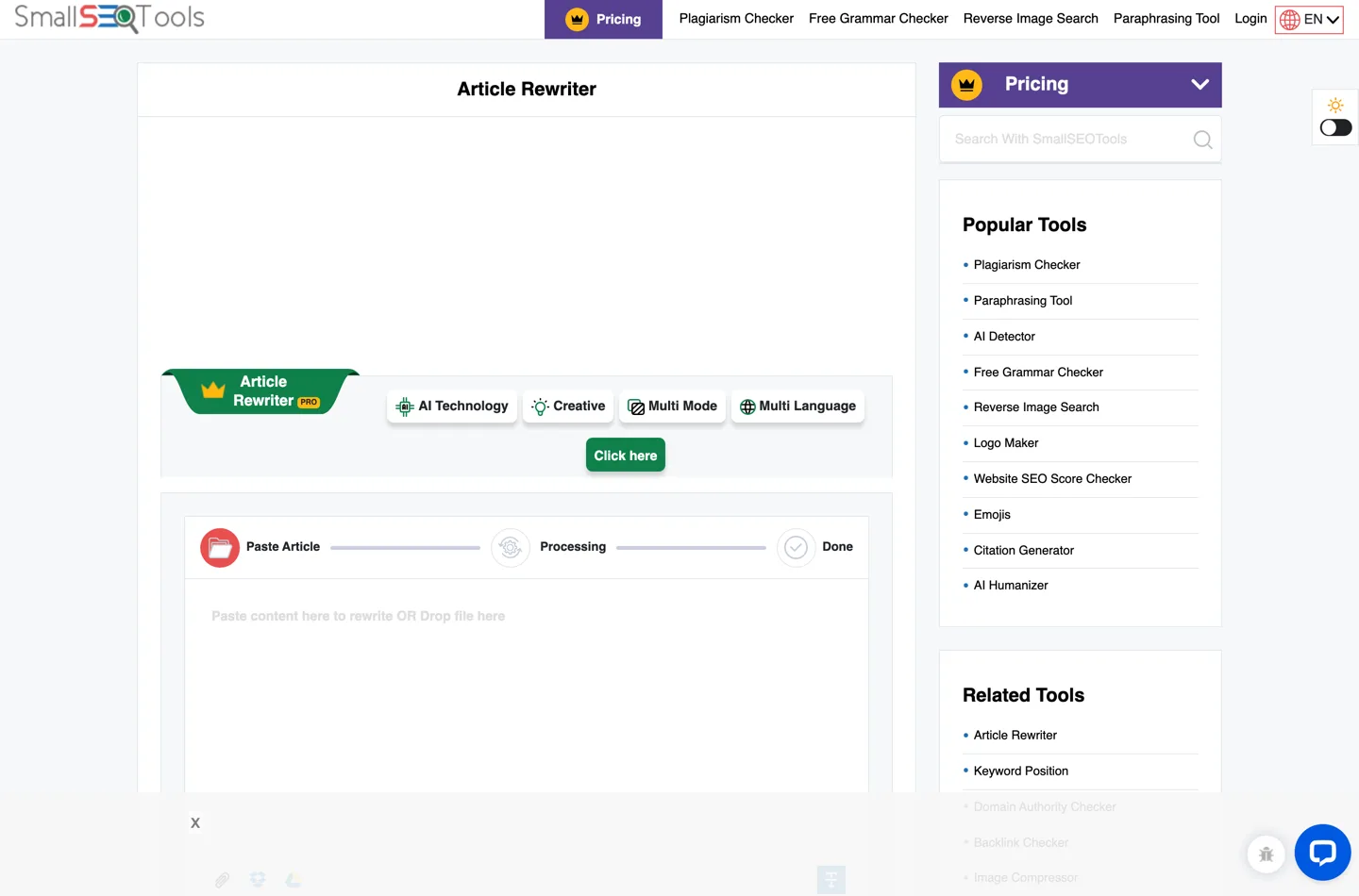 The SmallSEOTools Article Rewriter page with a Paste Article, Processing and Done step indicator above an empty paste area.