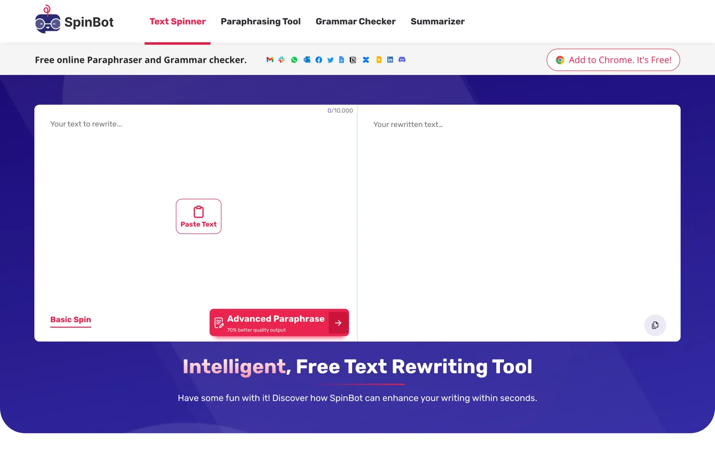 The SpinBot home page with its Text Spinner, Paraphrasing Tool, Grammar Checker and Summarizer tabs.