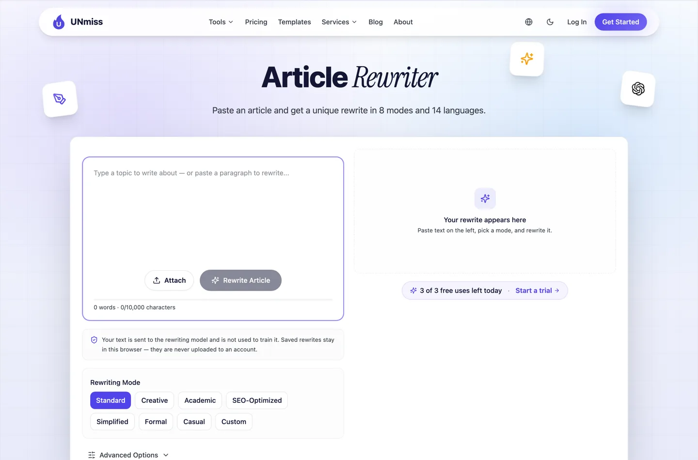 The UNmiss Article Rewriter page as a signed-out visitor sees it: a paste area, Attach and Rewrite Article buttons, and a badge reading 3 of 3 free uses left today.