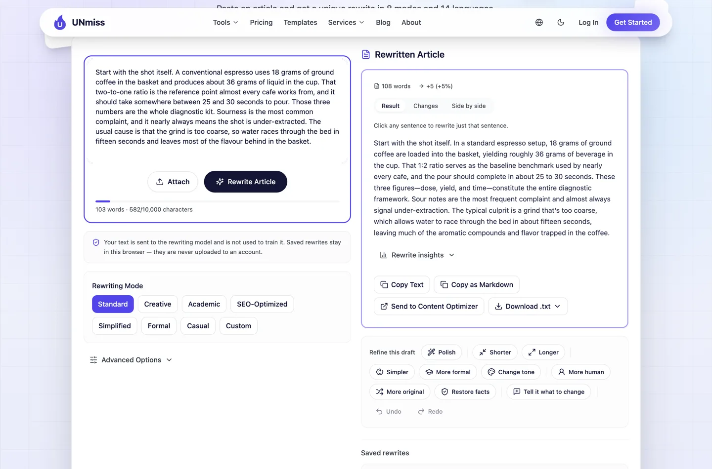 The UNmiss Article Rewriter after running the 103-word test passage. The input sits on the left at 103 words and 582 of 10,000 characters; the rewritten article is on the right at 102 words, marked minus 1 percent, with Result, Changes and Side by side tabs above it.