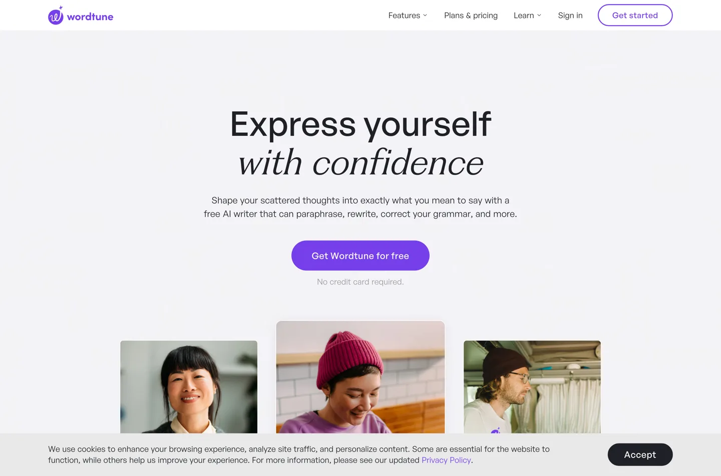 The Wordtune home page with its Features, Plans and pricing, Learn and Sign in navigation and a Get started button.
