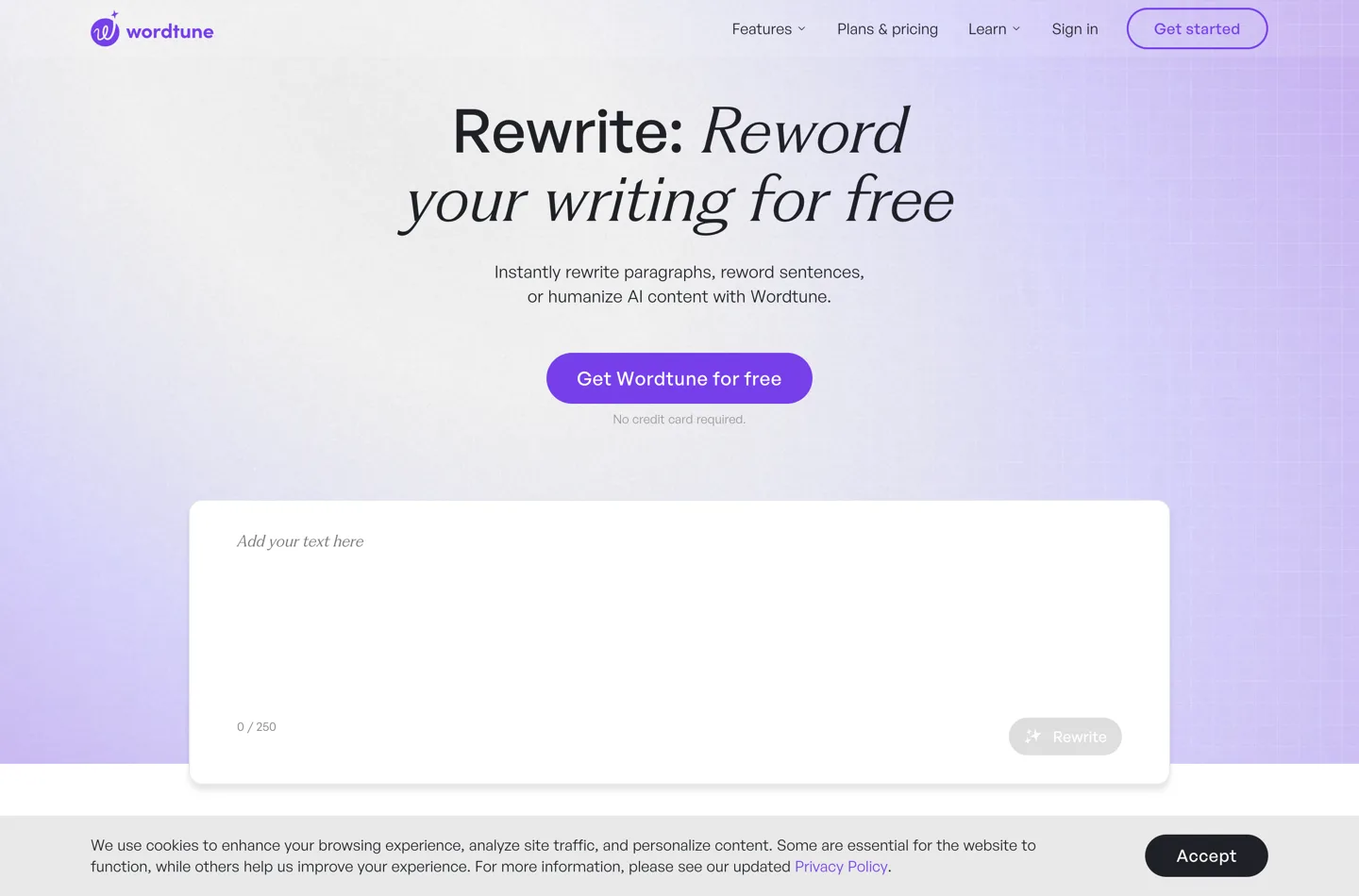 Wordtune's rewrite page: a headline reading Rewrite, Reword your writing for free, a Get Wordtune for free button, and an empty editor with a 0 of 350 counter and a greyed-out Rewrite button.