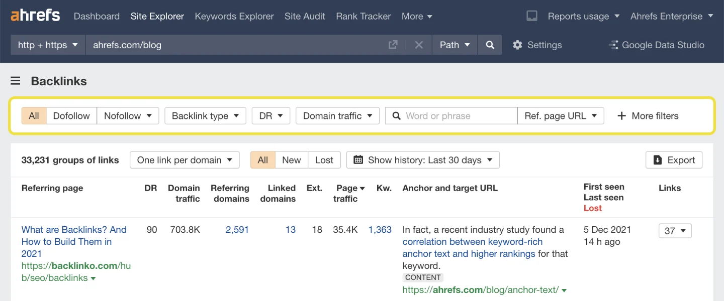 Official Ahrefs screenshot of the Site Explorer Backlinks report with the filter bar highlighted, showing dofollow, nofollow, backlink type, DR and domain traffic filters, plus All, New and Lost tabs.