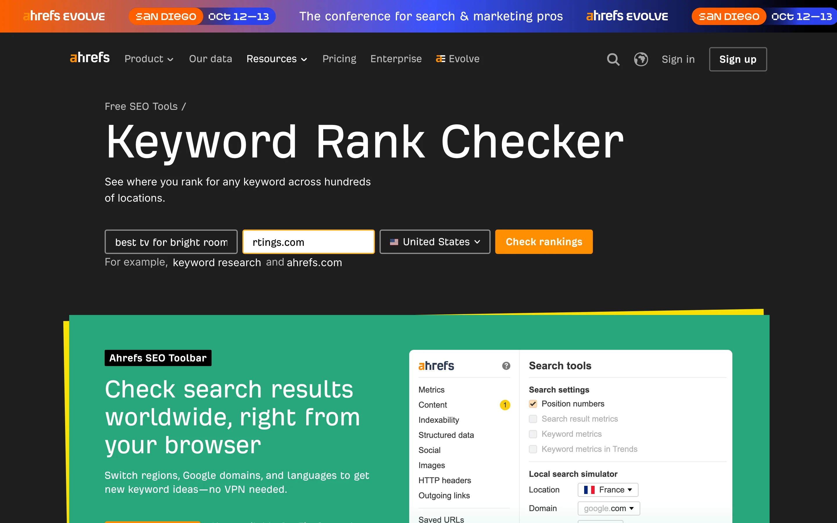 The Ahrefs Keyword Rank Checker page, showing a keyword field reading "best tv for bright room", a domain field reading "rtings.com", a United States country selector and an orange "Check rankings" button.