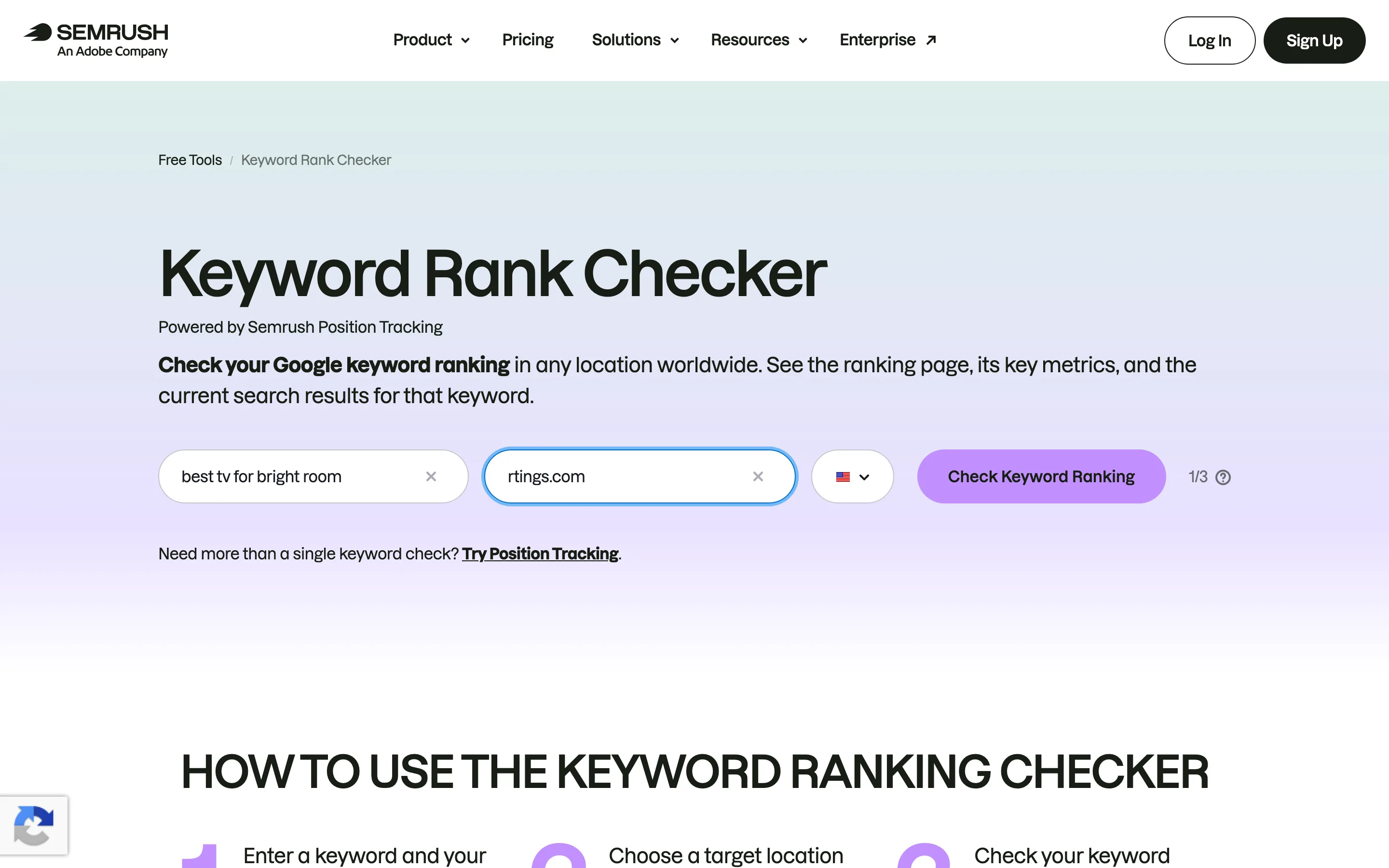 The Semrush free Keyword Rank Checker, showing a keyword field reading "best tv for bright room", a field reading "rtings.com" and a "Check Keyword Ranking" button.