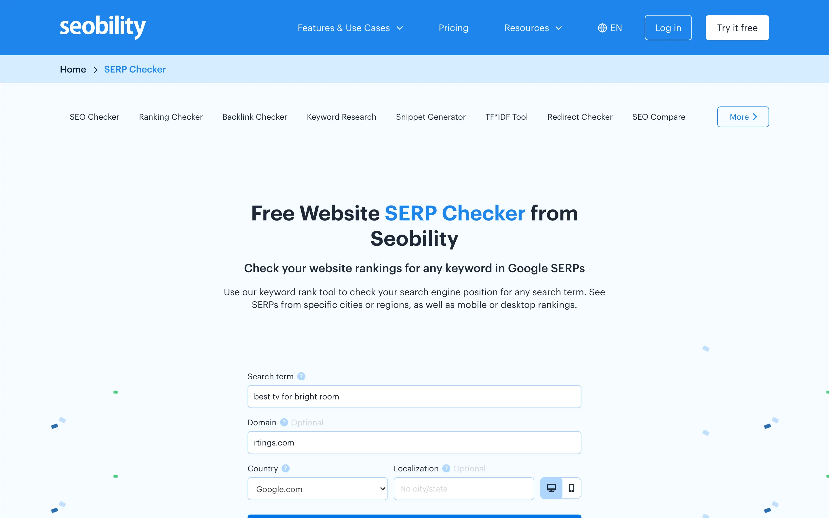 Seobility's Free Website SERP Checker form, with a Search term field reading "best tv for bright room", an optional Domain field reading "rtings.com", a Country dropdown set to Google.com, an optional Localization field labelled "No city/state", and desktop and mobile icon toggles.