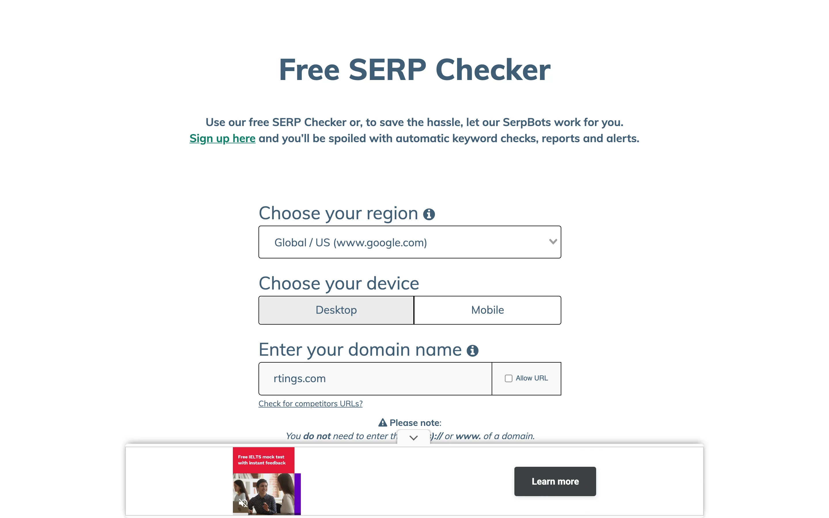 SERProbot's Free SERP Checker form, showing a "Choose your region" dropdown set to Global / US (www.google.com), a "Choose your device" Desktop and Mobile toggle, a domain field reading "rtings.com" with an "Allow URL" checkbox, and a "Check for competitors URLs?" link.