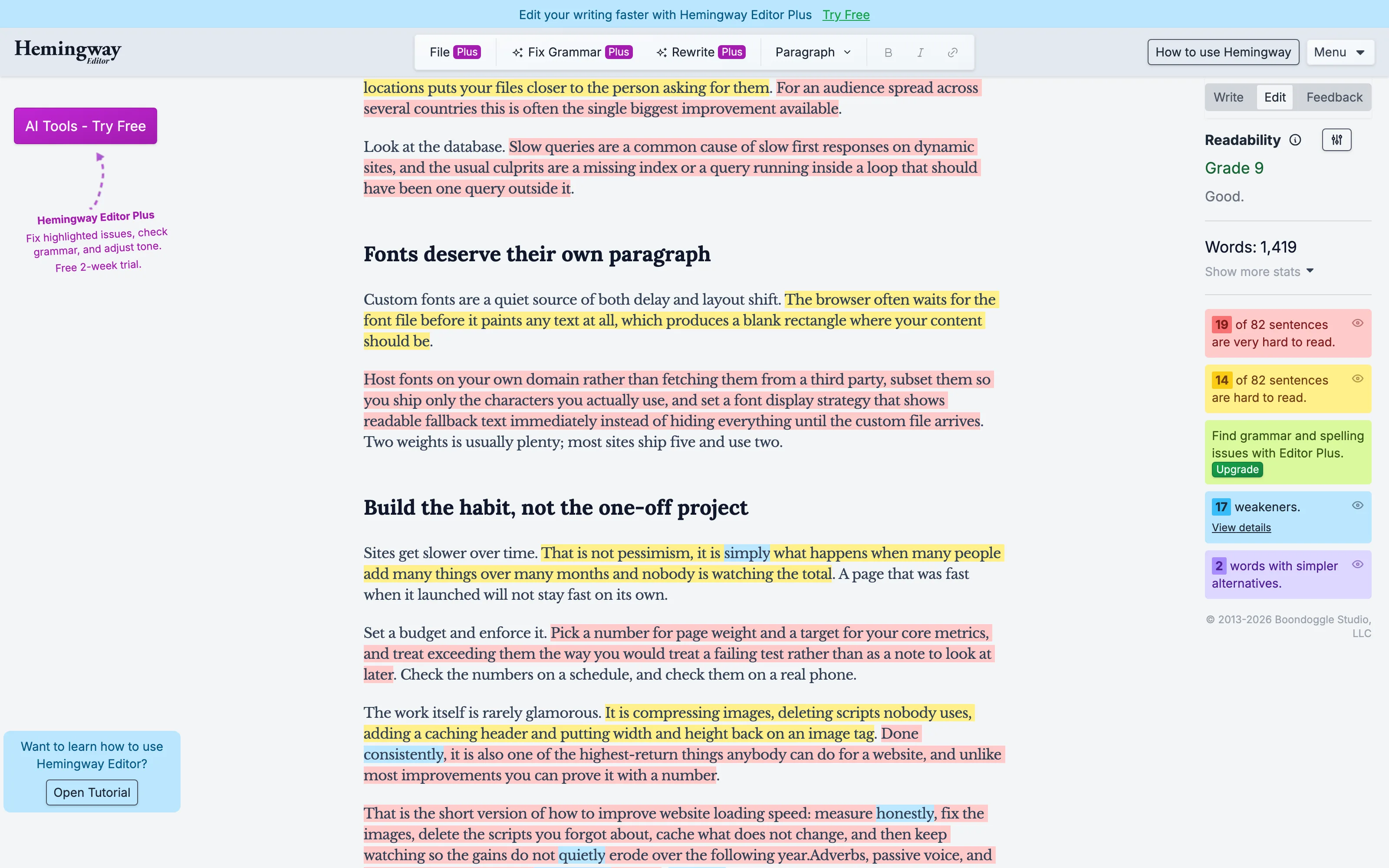 The Hemingway Editor showing Readability Grade 9 labelled Good, Words 1,419, 19 of 82 sentences very hard to read, 14 of 82 hard to read, 17 weakeners, 2 words with simpler alternatives, and a green panel reading "Find grammar and spelling issues with Editor Plus" beside an Upgrade badge.