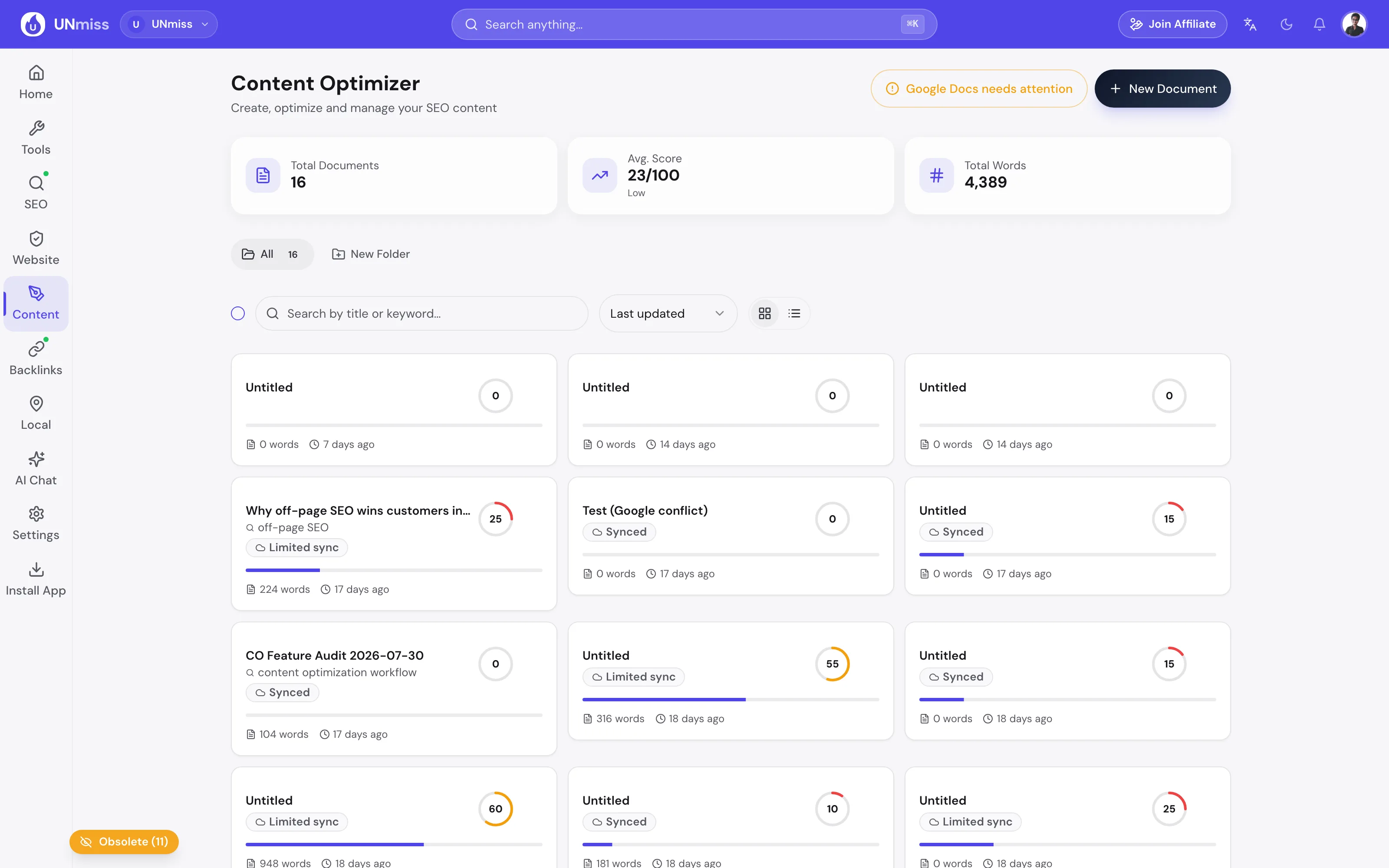 The signed-in Content Optimizer document library showing 16 total documents, an average score of 23 out of 100, 4,389 total words, a New Document button, folder controls, and a list of saved documents with per-document scores, word counts and sync status.