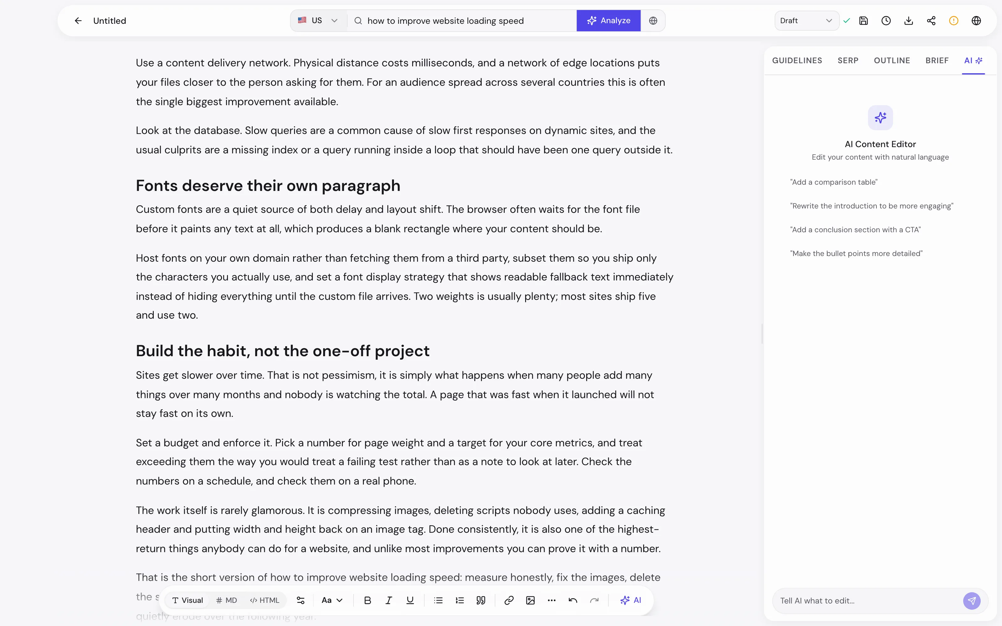 The signed-in editor with the AI tab open, showing an AI Content Editor panel headed "Edit your content with natural language" with suggested instructions including "Add a comparison table", "Rewrite the introduction to be more engaging" and "Add a conclusion section with a CTA", plus a "Tell AI what to edit" input, and a top bar carrying save, history, export, share and publish controls.