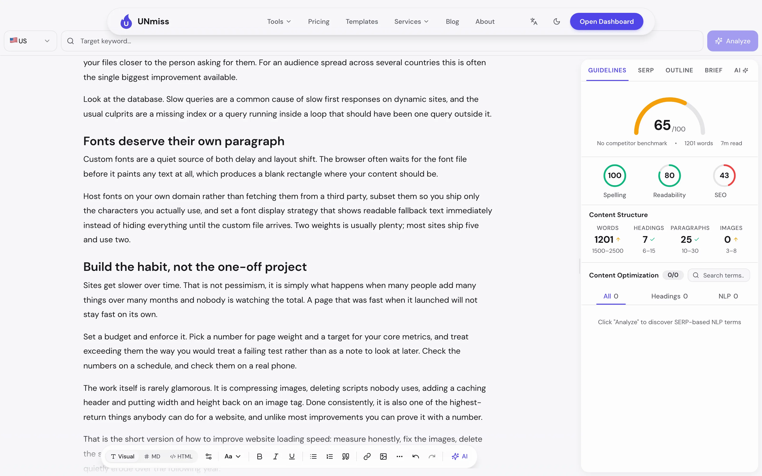 The UNmiss Content Optimizer signed out, showing a content score of 65 out of 100, sub-scores of Spelling 100, Readability 80 and SEO 43, a content structure row reading 1201 words, 7 headings, 25 paragraphs and 0 images, and a benchmark line reading "No competitor benchmark".