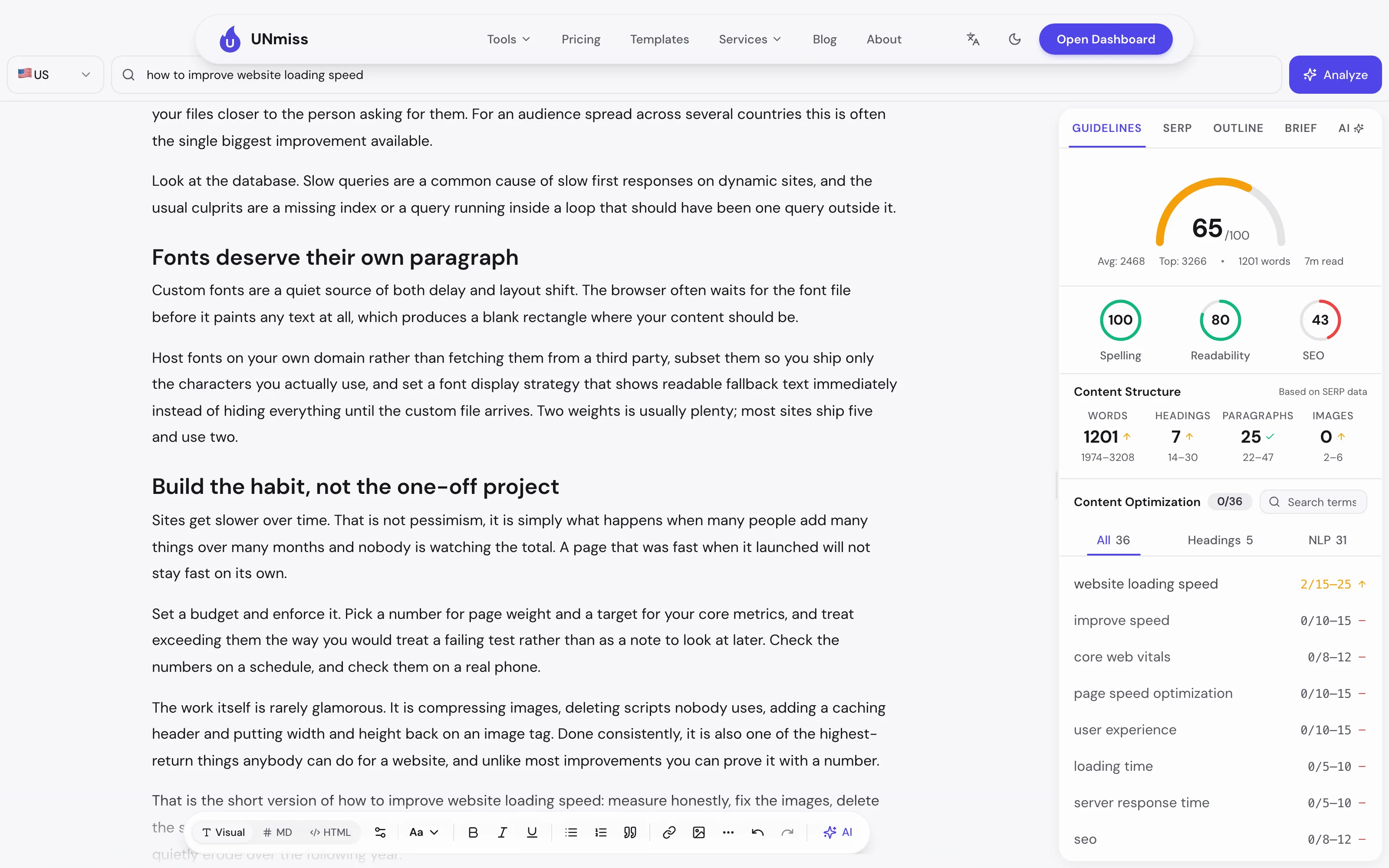 The Guidelines tab after analysis: the benchmark line now reads Avg 2468 and Top 3266, the content structure section is labelled "Based on SERP data" with word target 1974 to 3208 and heading target 14 to 30, and Content Optimization shows 0 of 36 terms with entries such as "website loading speed 2/15-25" and "core web vitals 0/8-12".