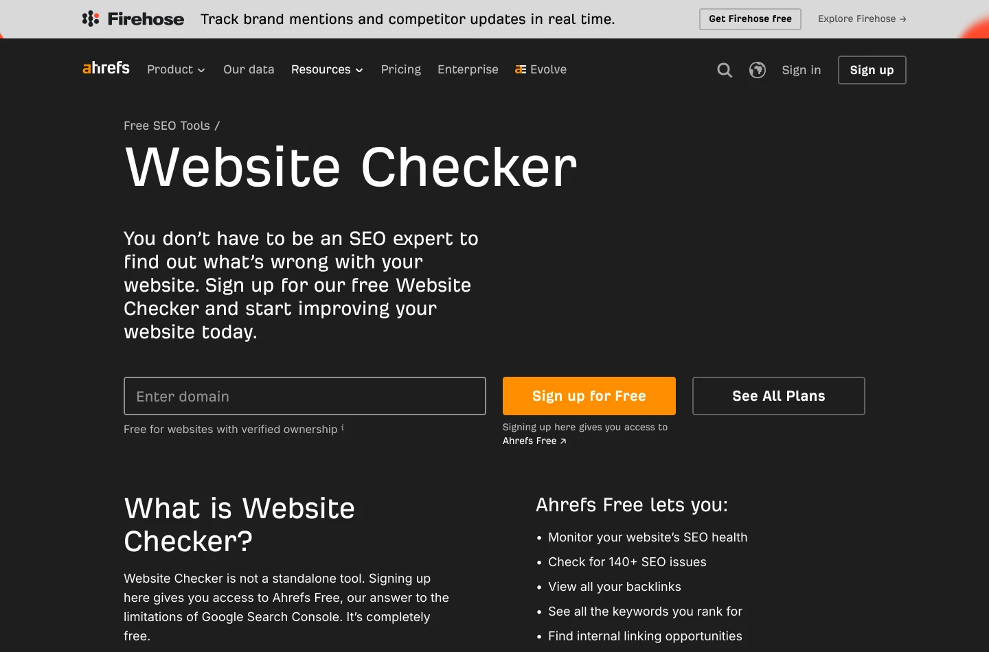 The Ahrefs Website Checker landing page with a single field labelled Enter domain.