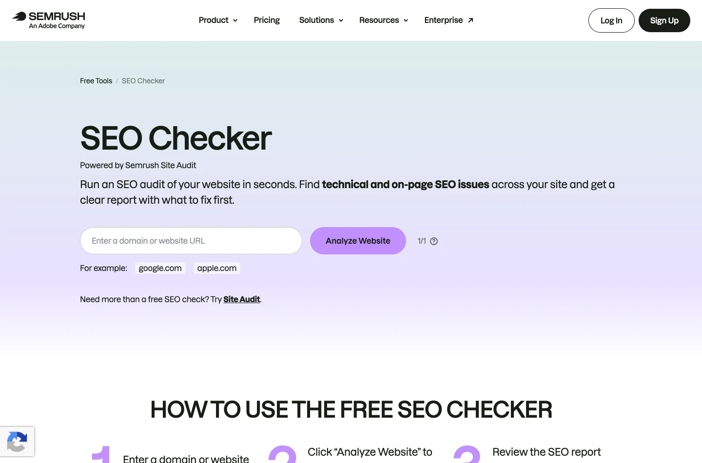 The Semrush SEO Checker page, headed 'SEO Checker, powered by Semrush Site Audit', with an empty domain field and an Analyze Website button.