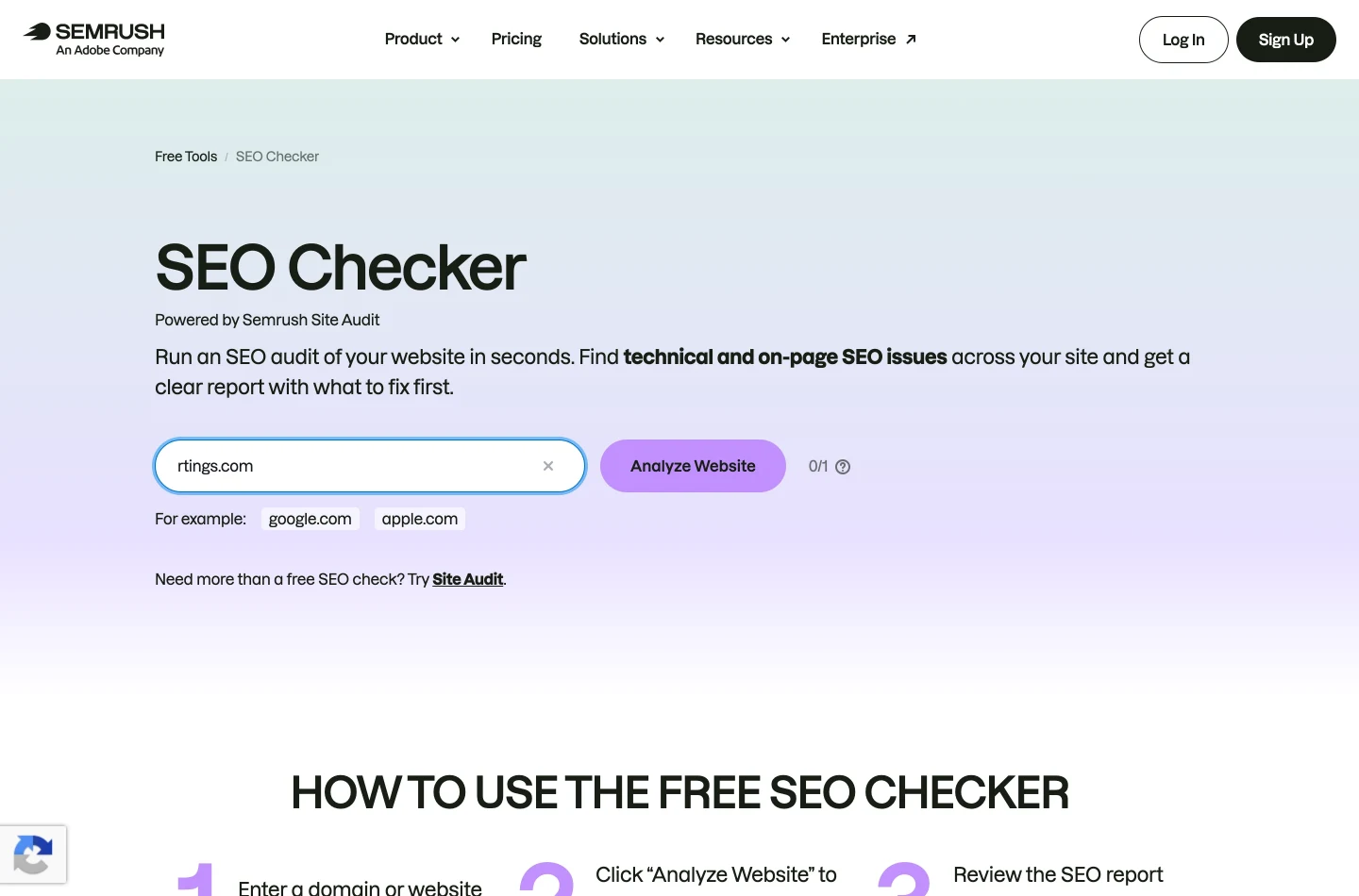 The same Semrush SEO Checker page with rtings.com typed into the field, the Analyze Website button beside it, and a usage counter reading 0/1 immediately to the right of the button.