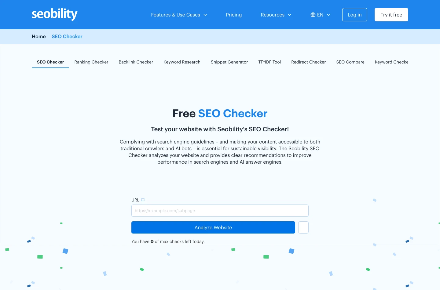 The Seobility SEO Checker landing page with a single Page URL field placeholder reading https://example.com/subpage and an Analyze Website button.