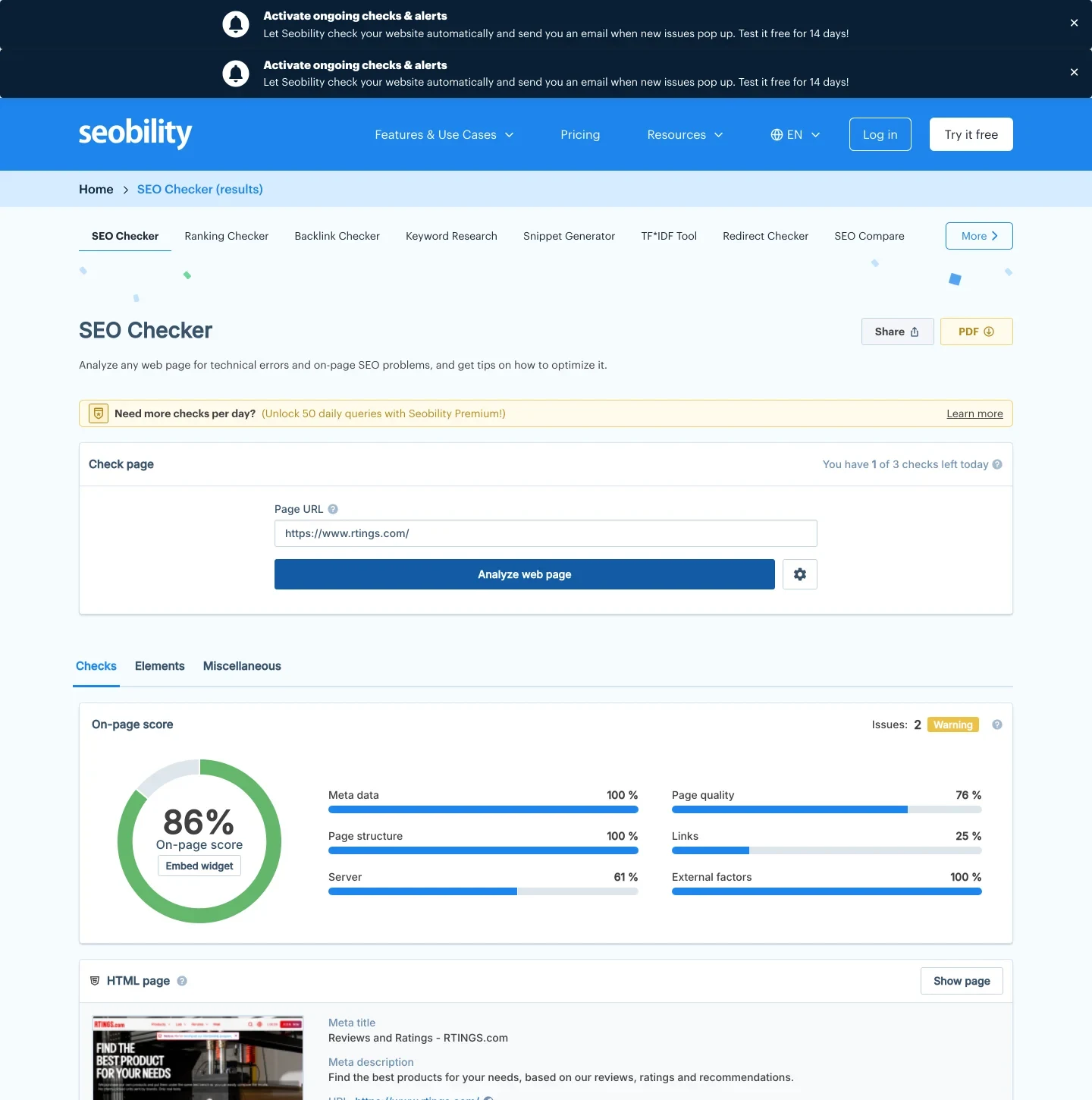 The Seobility report for rtings.com showing an 86% on-page score dial, an 'Issues: 2 Warning' badge, sub-bars reading Meta data 100% and Page quality 76%, a 'You have 1 of 3 checks left today' counter, Share and PDF buttons, and a pricing block listing Basic 5 checks per day free forever, Premium 50 checks for $50.00 a month and Agency 200 checks for $200.00 a month.