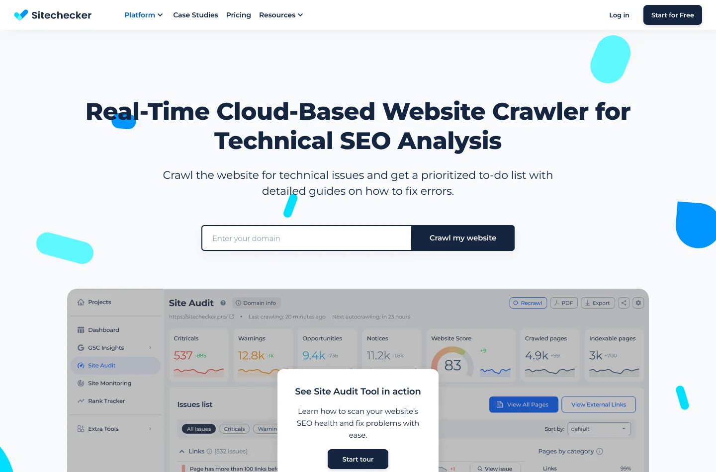 The Sitechecker website crawler page with a domain field and a crawl button, above marketing copy about crawling for issues.