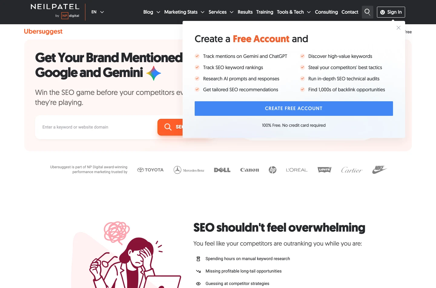 The Ubersuggest landing page with a single box labelled 'Enter a keyword or website domain' and a Search button.
