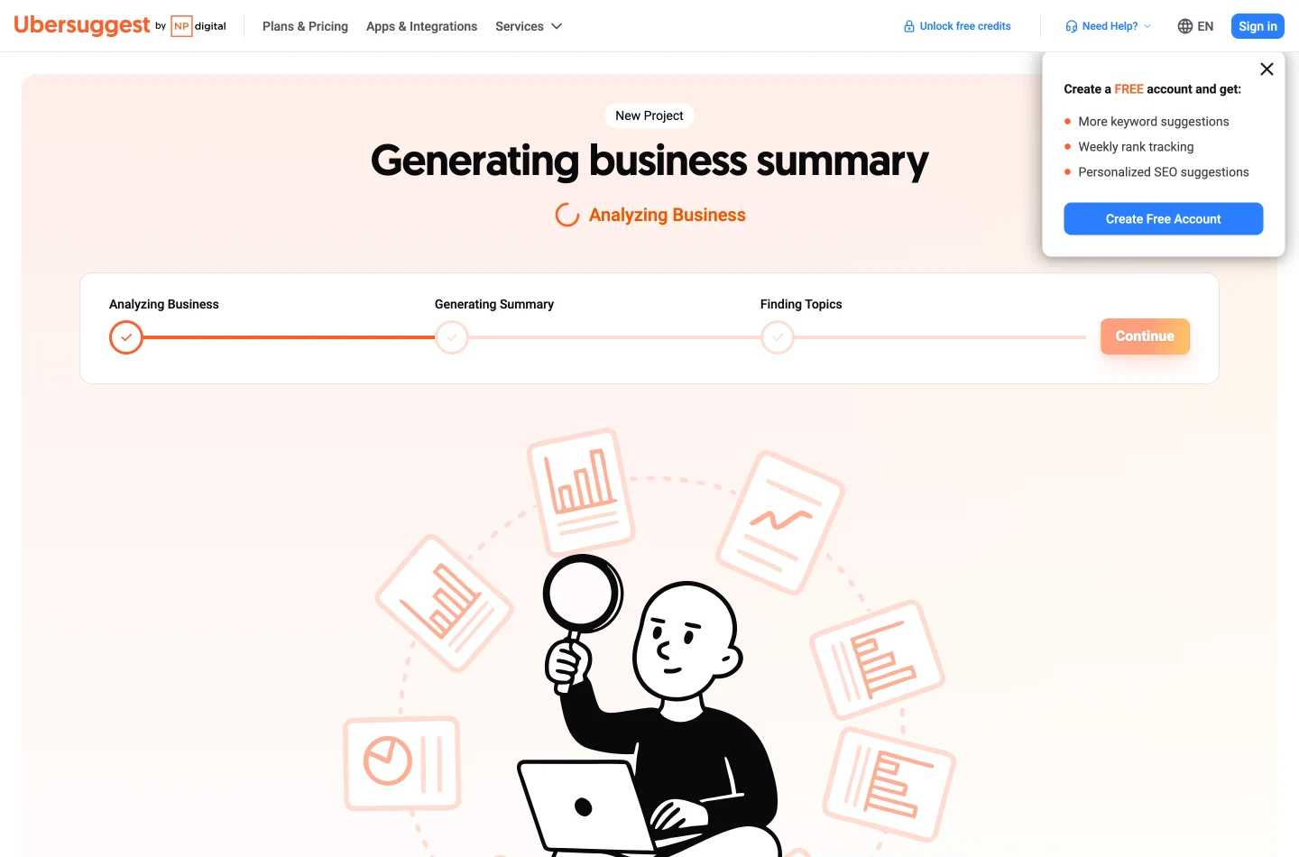 The Ubersuggest app after submitting the domain, showing progress steps for Generating business summary, Analyzing Business and Finding Topics, interrupted by a panel headed 'Create a FREE account and get:' listing more keyword suggestions, weekly rank tracking and personalized SEO suggestions, with a Create Free Account button.
