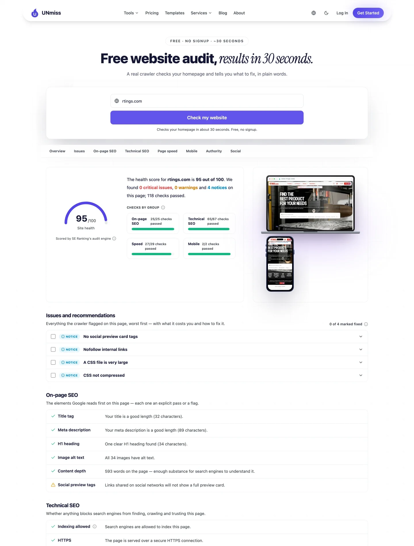 The UNmiss report for rtings.com: a 95 out of 100 site health dial, the sentence '0 critical issues, 0 warnings and 4 notices on this page; 118 checks passed', four group bars reading On-page SEO 25/25, Technical SEO 65/67, Speed 27/29 and Mobile 2/2, a device preview of the rendered page, four notice rows, and the On-page SEO table showing title 32 characters, meta description 89 characters, one H1 of 34 characters, all 34 images with alt text and 593 words.