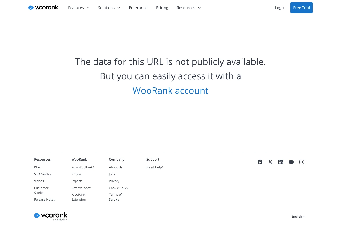 The WooRank teaser-review page for rtings.com, empty except for three centred lines reading 'The data for this URL is not publicly available. But you can easily access it with a WooRank account', with WooRank account rendered as a link.