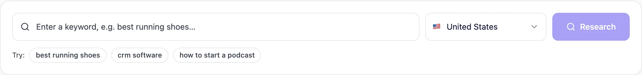 UNmiss keyword research search box with a keyword input, country selector and example seed suggestions.