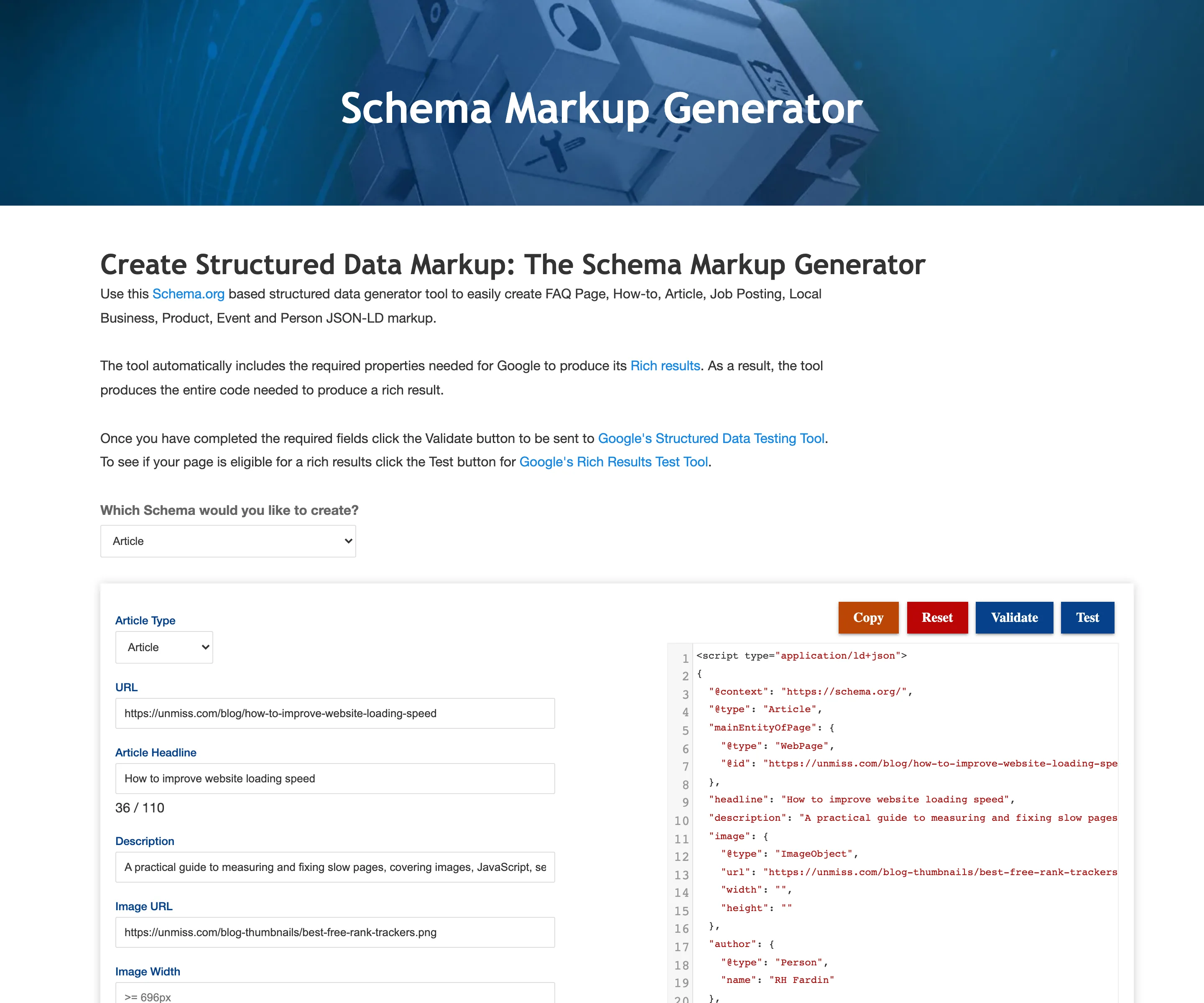 The RankRanger Schema Markup Generator showing its Article form and generated JSON-LD, in which the image object carries empty width and height values, the publisher logo carries the same empty pair, and datePublished is an empty string.