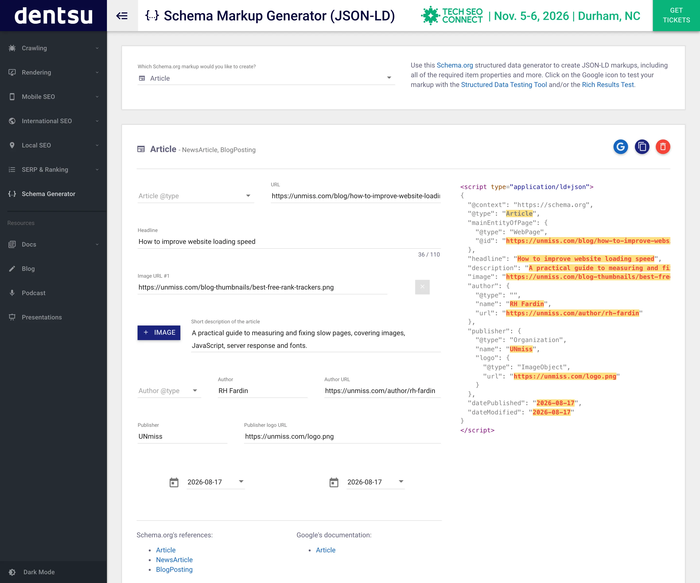 The TechnicalSEO.com Schema Markup Generator showing its Article form beside the live JSON-LD preview, in which the author object is written with an empty @type followed by the name and url values.