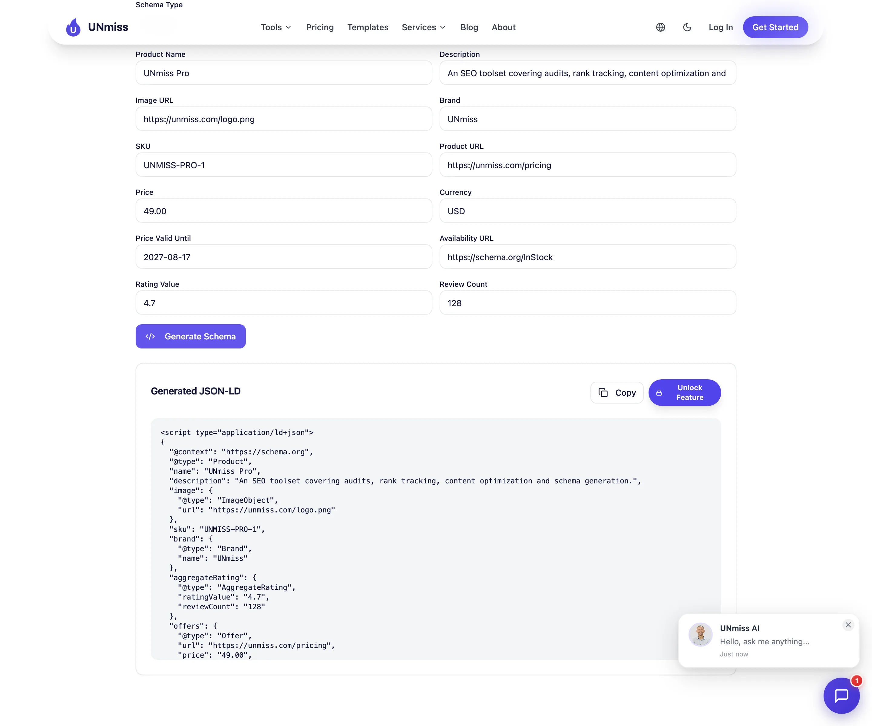 The UNmiss Schema Markup Generator with the Product form filled in and the generated JSON-LD below it, showing image as an ImageObject, a sku, a Brand object, an aggregateRating of 4.7 from 128 reviews, and an offers block containing url, price, priceCurrency, priceValidUntil and availability.